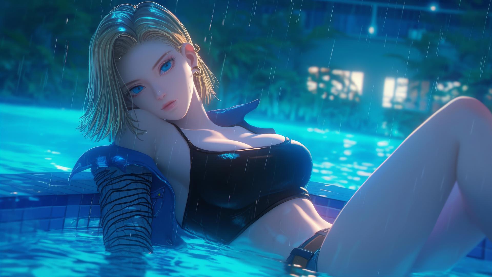 Android 18 from Dragon Ball resting by a rainy pool, moonlight glow.
