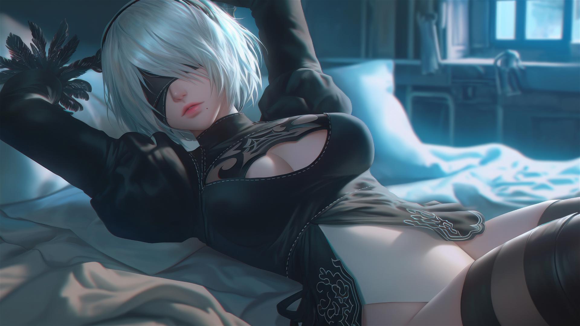 2B from Nier resting in modern hotel room with moonlight glow