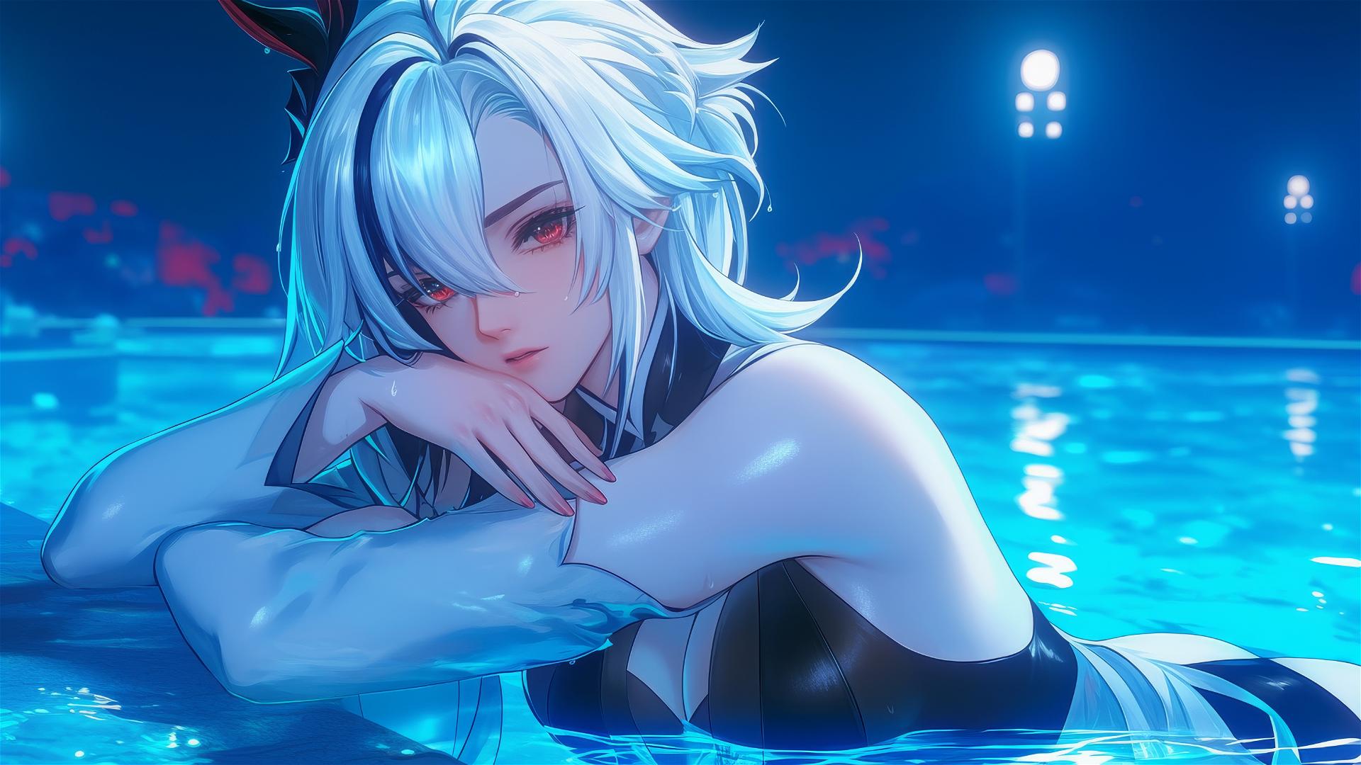 Arlecchino from Genshin Impact with snow white hair resting by a pool under moonlight.
