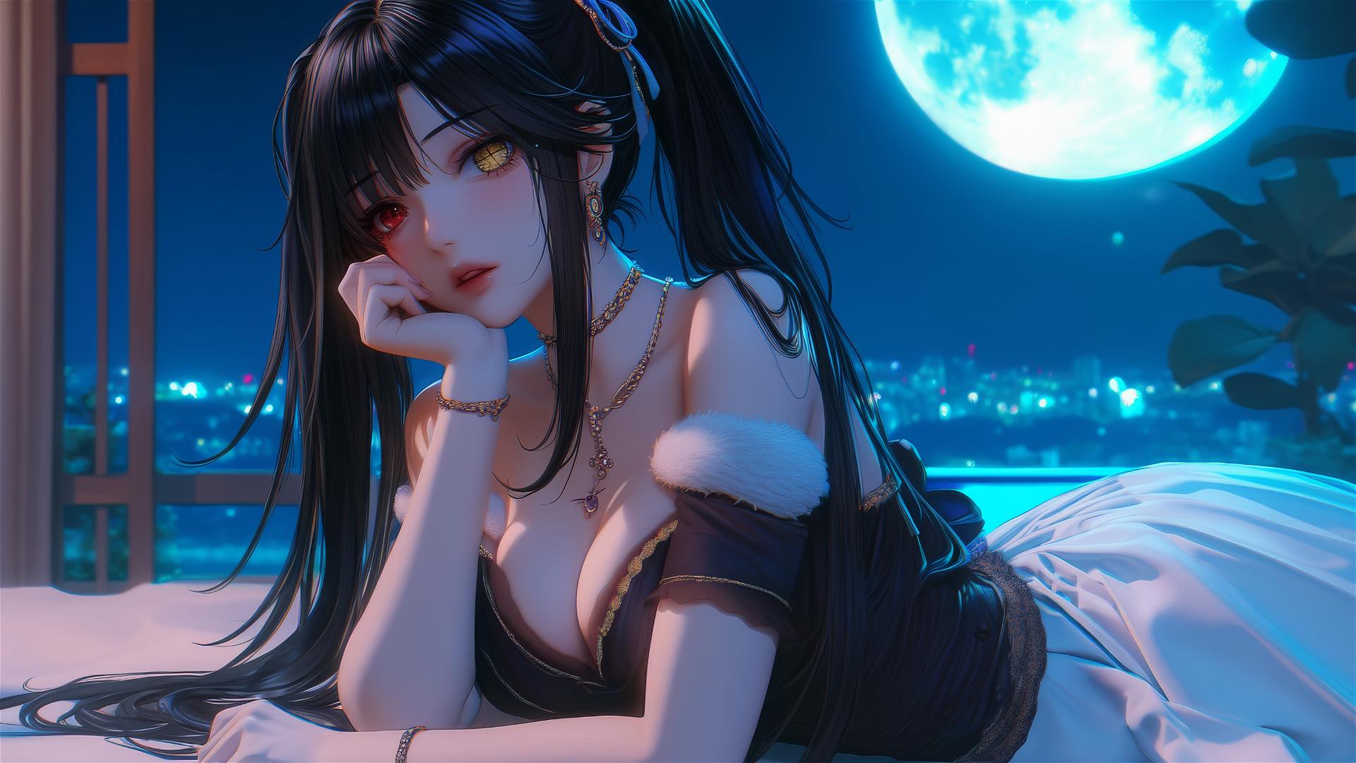 Kurumi Tokisaki resting in a modern hotel room under moonlight, dual-colored eyes.