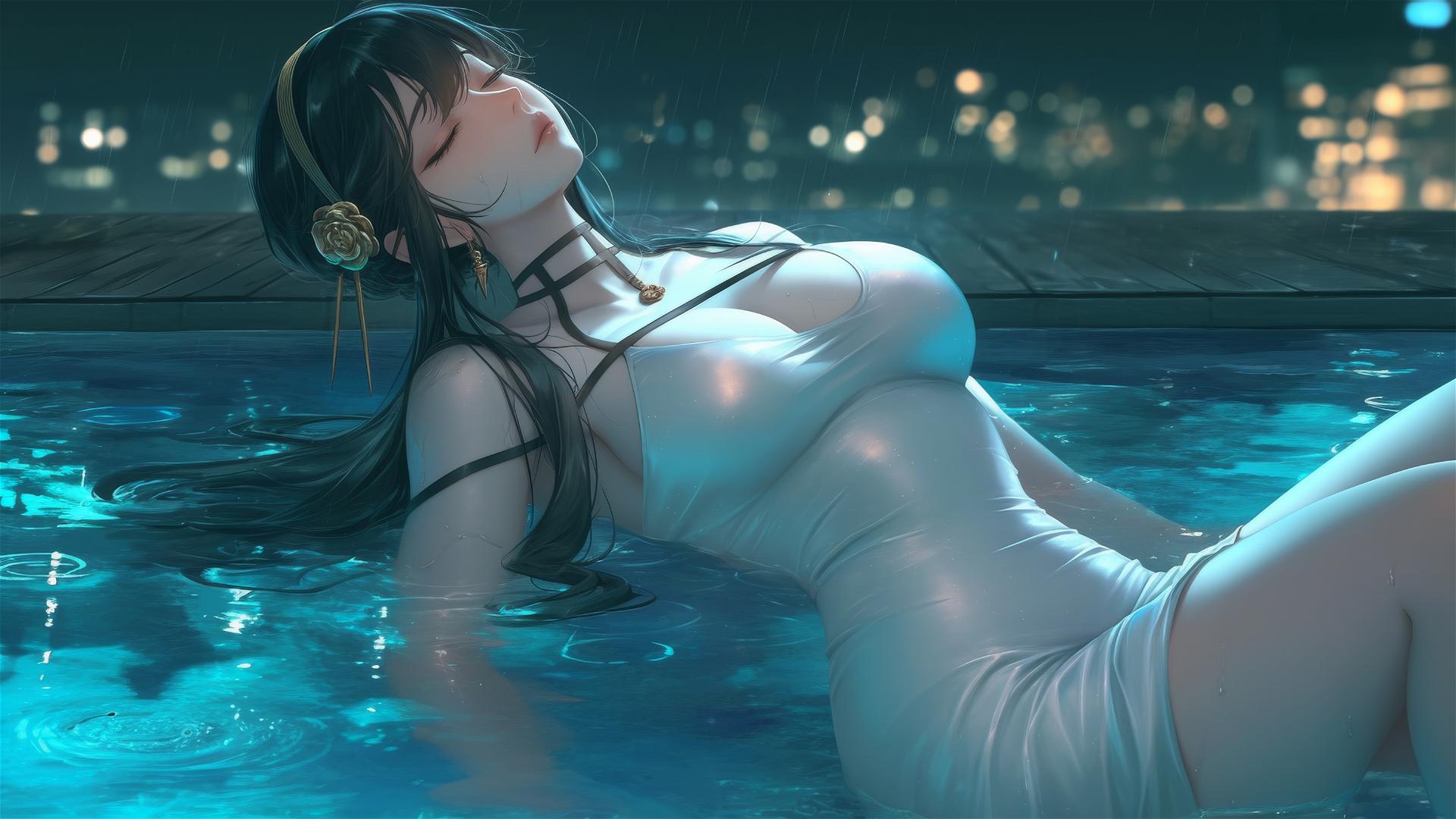 Yor Forger resting at a rainy pool in a pure white dress under moonlight