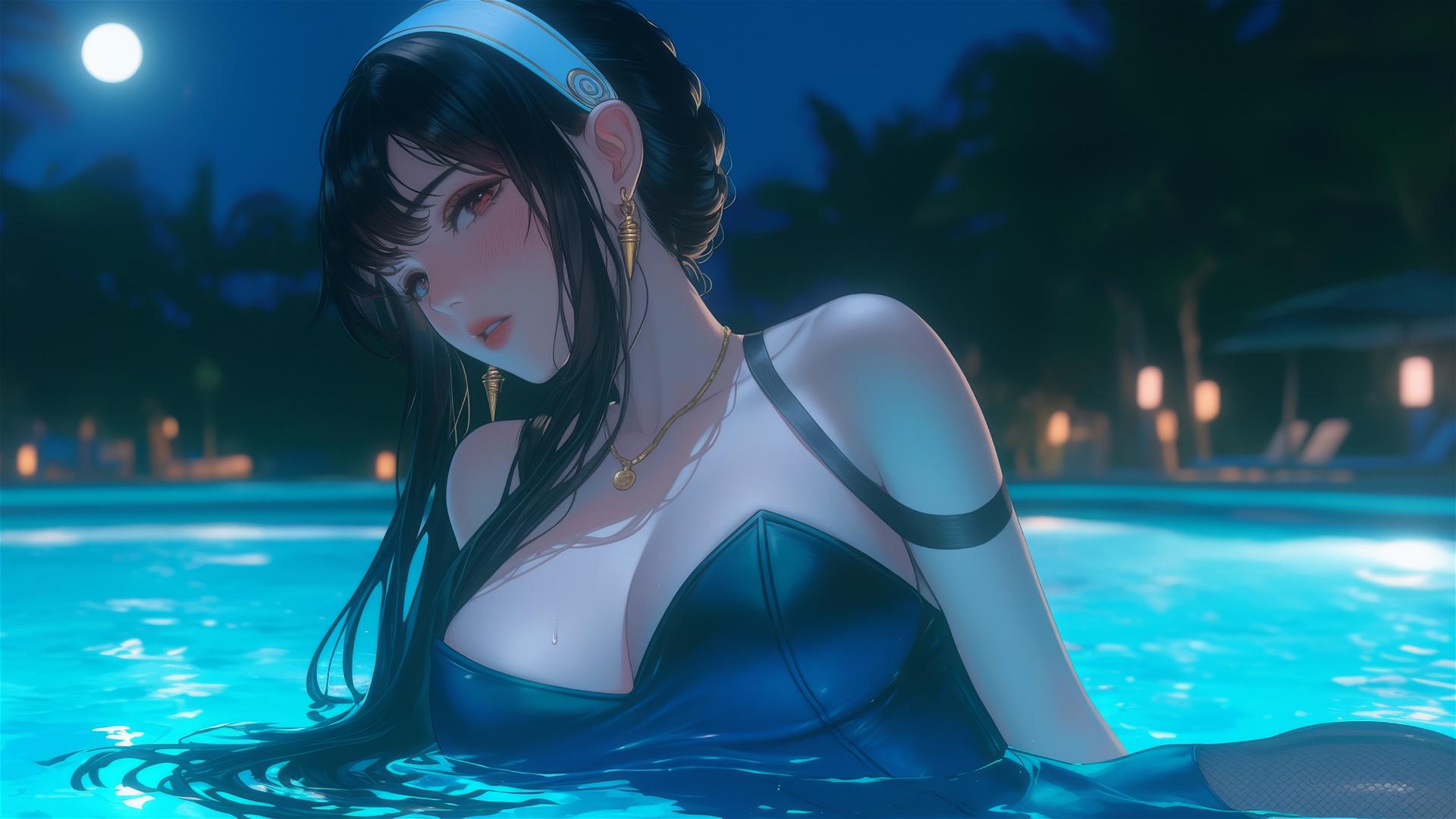 Yor Forger in bunny girl outfit, relaxing by a moonlit pool
