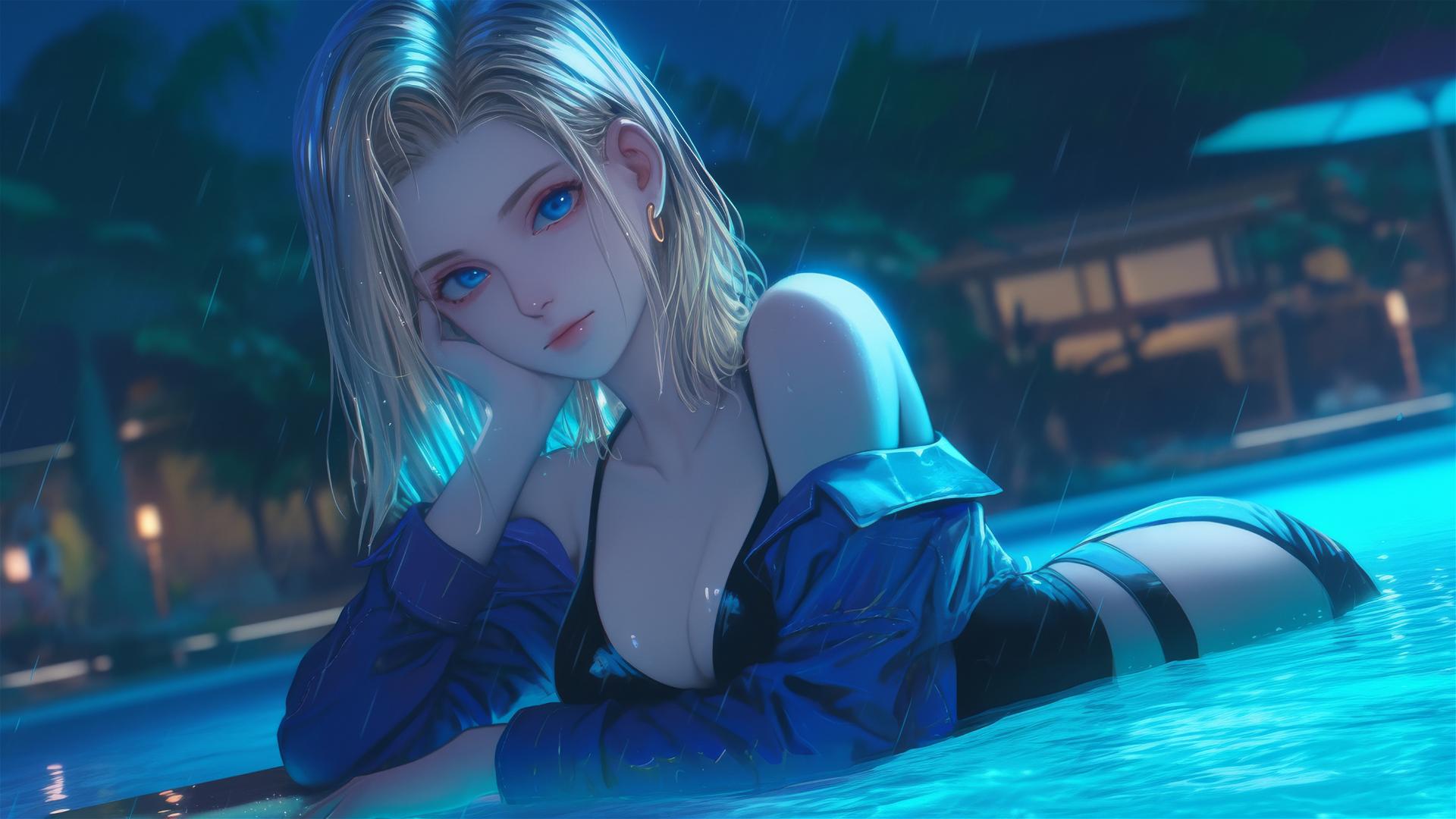 Android 18 resting by a pool under moonlight and rain