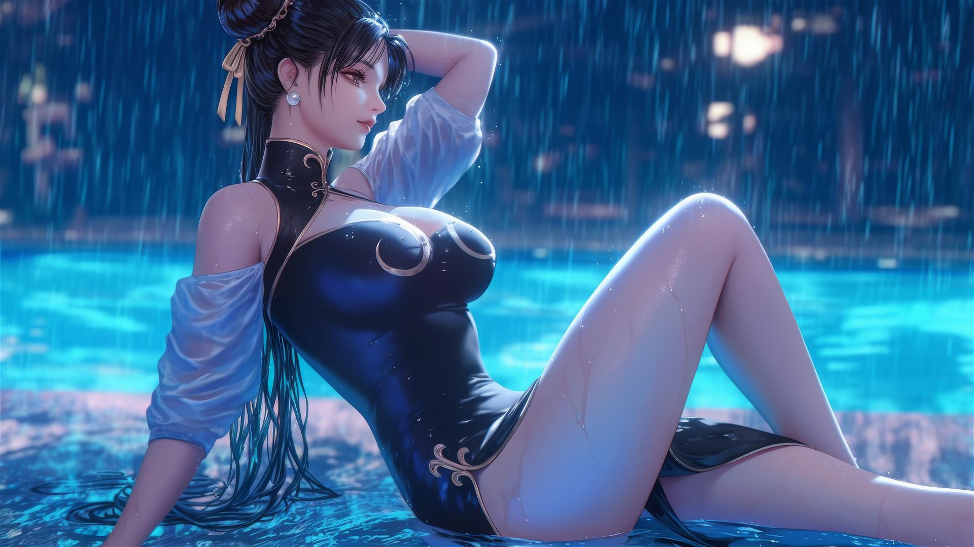 Chun Li in a black dress resting by a rainy swimming pool under moonlight.
