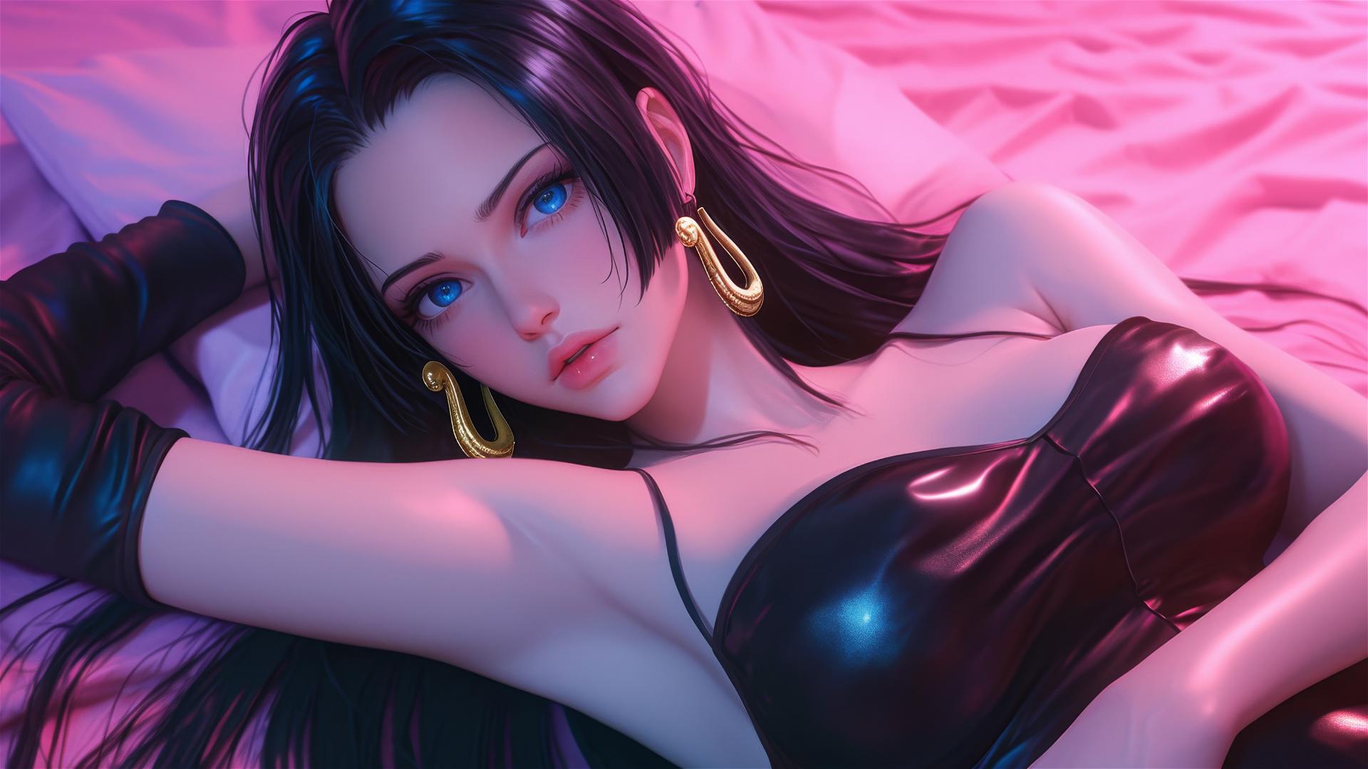 High-angle view of Boa Hancock from One Piece in bed, wearing black and pink leather, with long hair and gold earrings, neon colors, pink background, high contrast, anime-style, hyper-realistic.