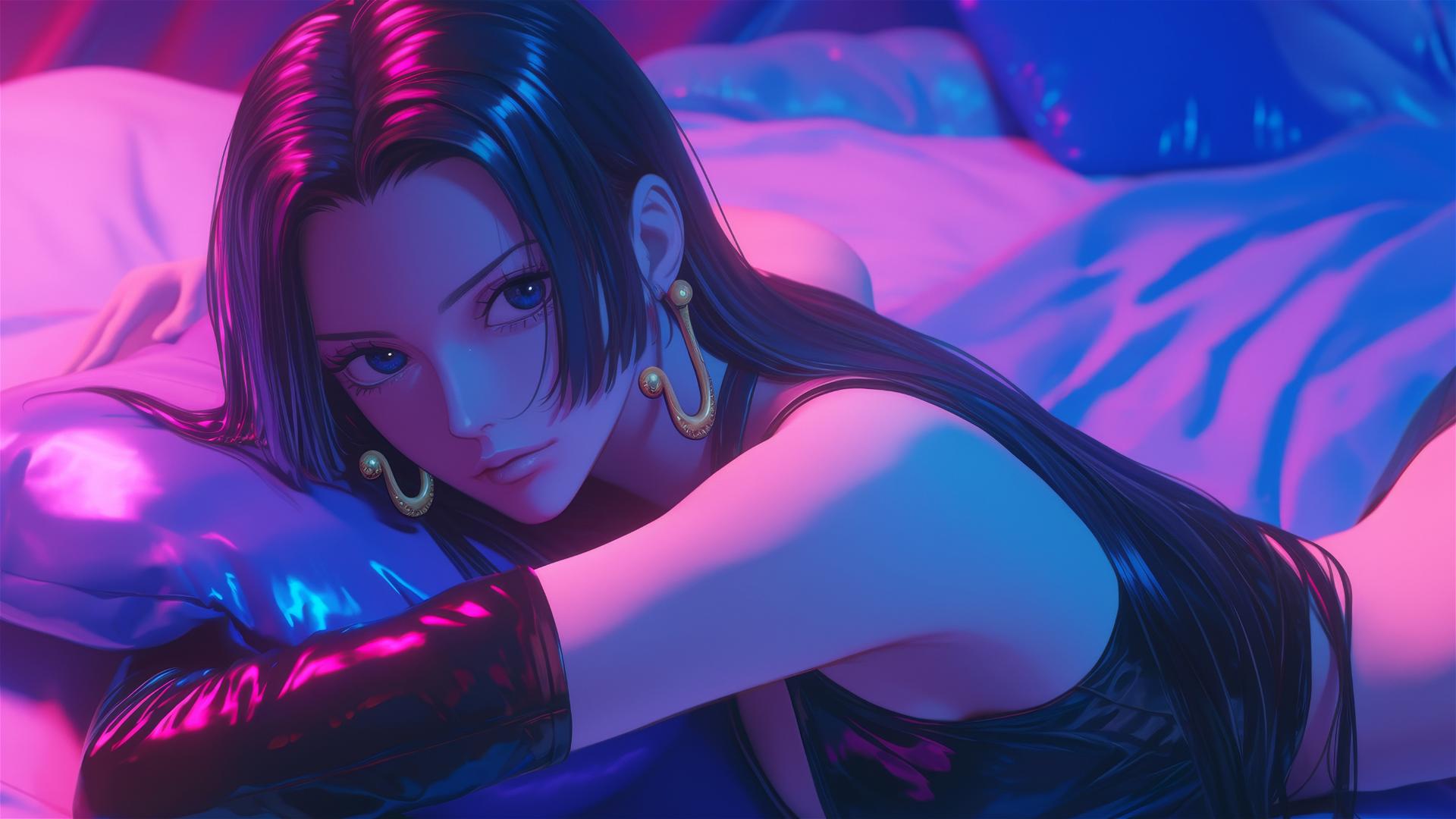 Boa Hancock in bed, black and pink leather, neon colors, pink background, high contrast, anime style