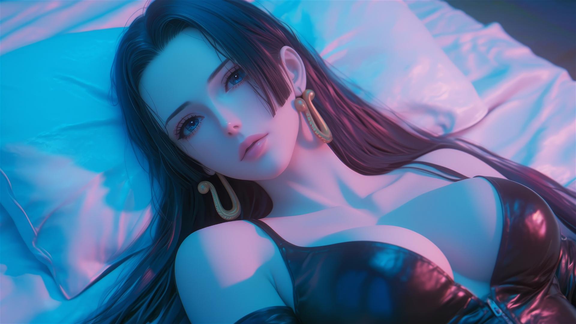 High angle view of Boa Hancock from One Piece in bed, dressed in black and pink leather under high contrast neon lights.