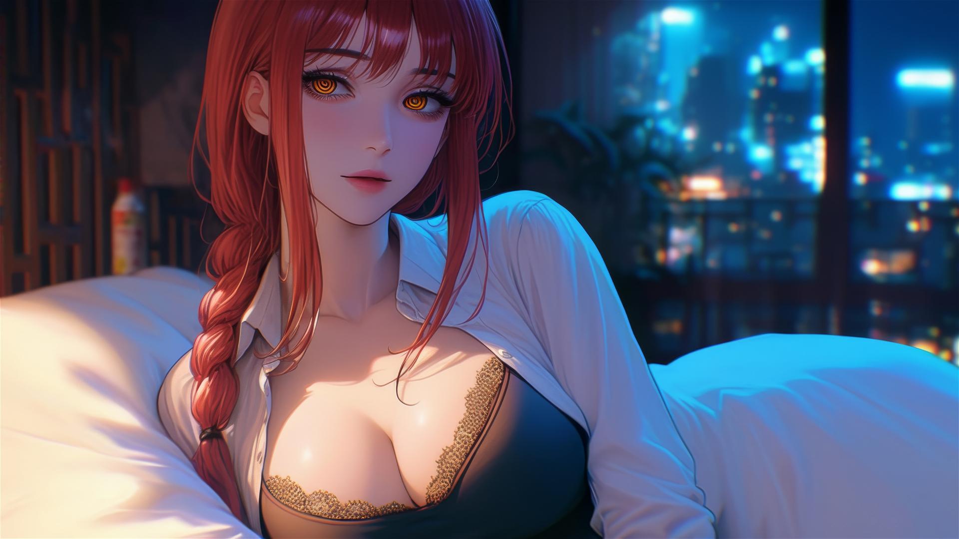 High angle view of Makima with reddish hair in bed from Chainsaw Man.