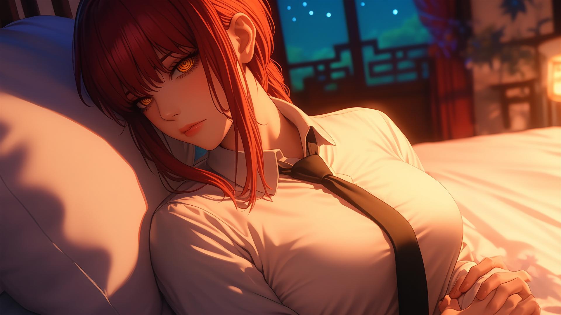 High angle of Makima from Chainsaw Man in bed with reddish hair.