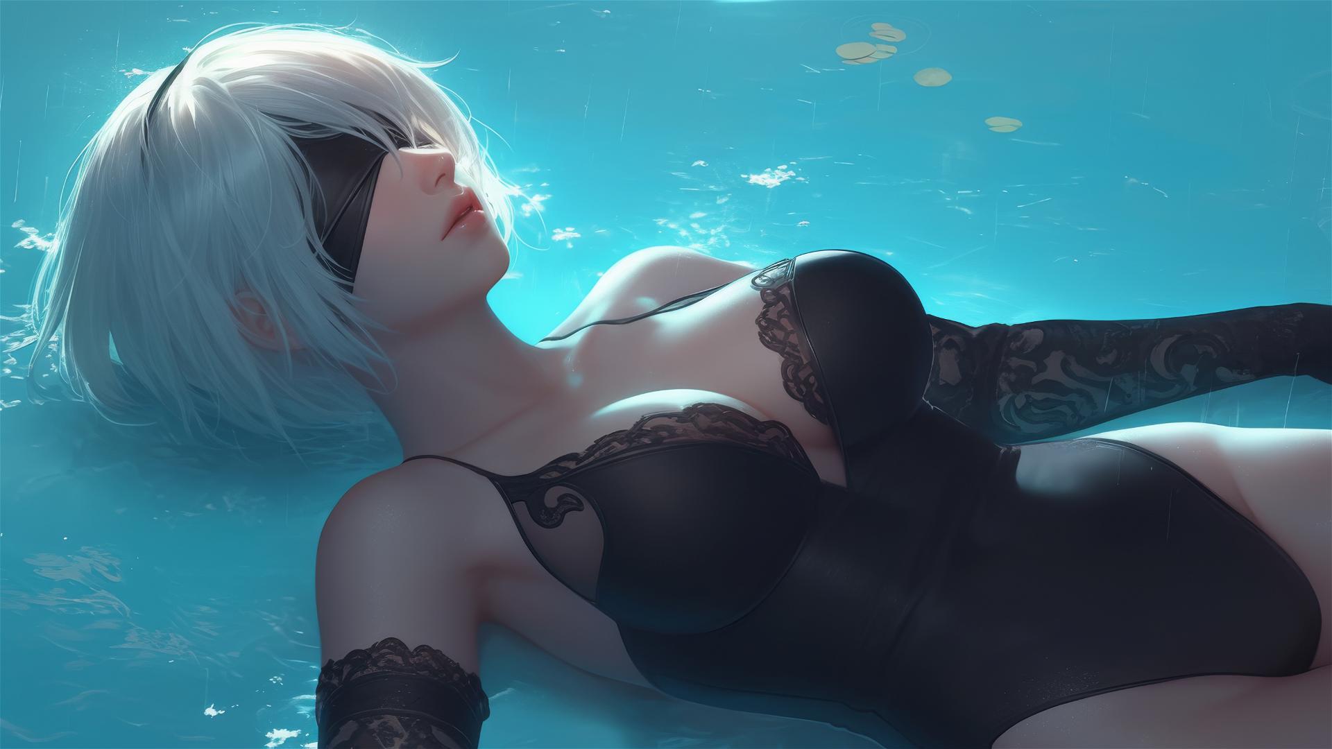 2B from Nier lounging by a rainy pool under moonlight