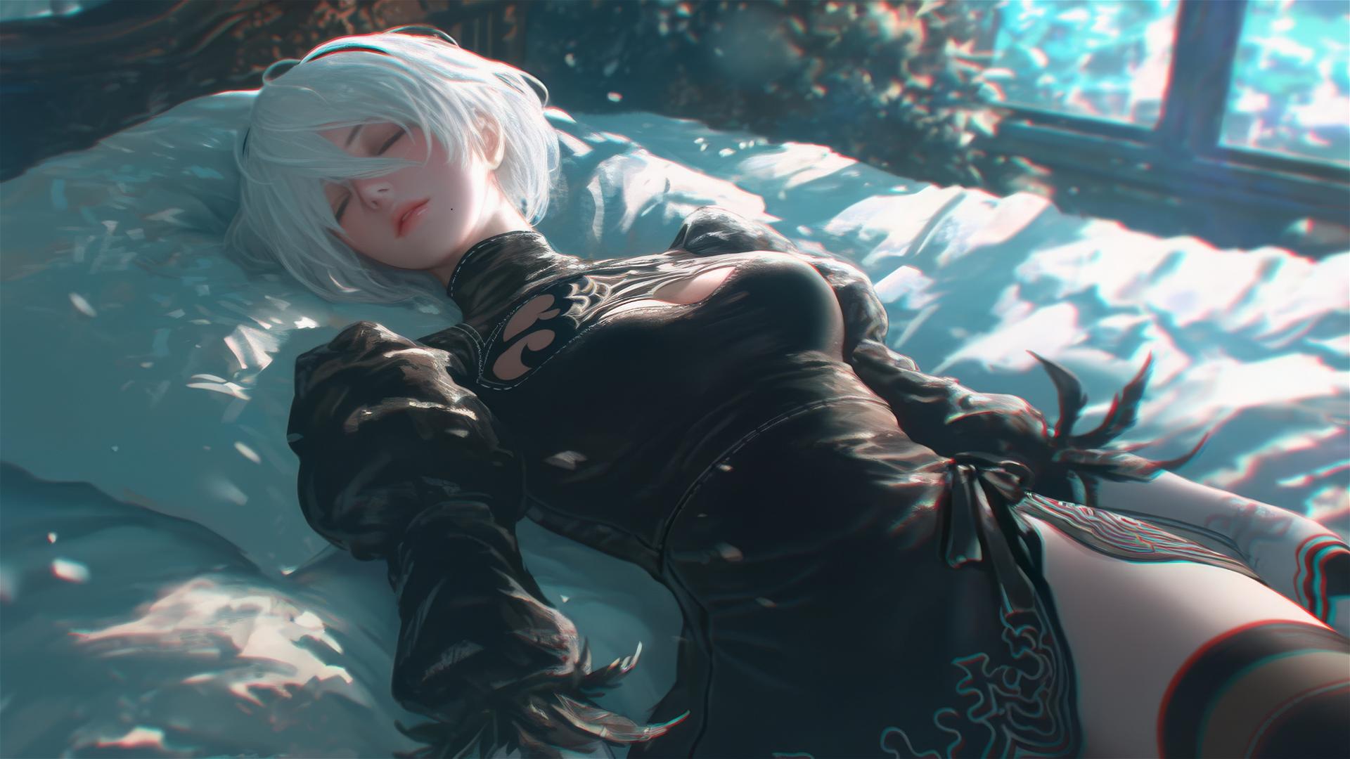 High angle view of 2B from Nier resting in bed with short hair