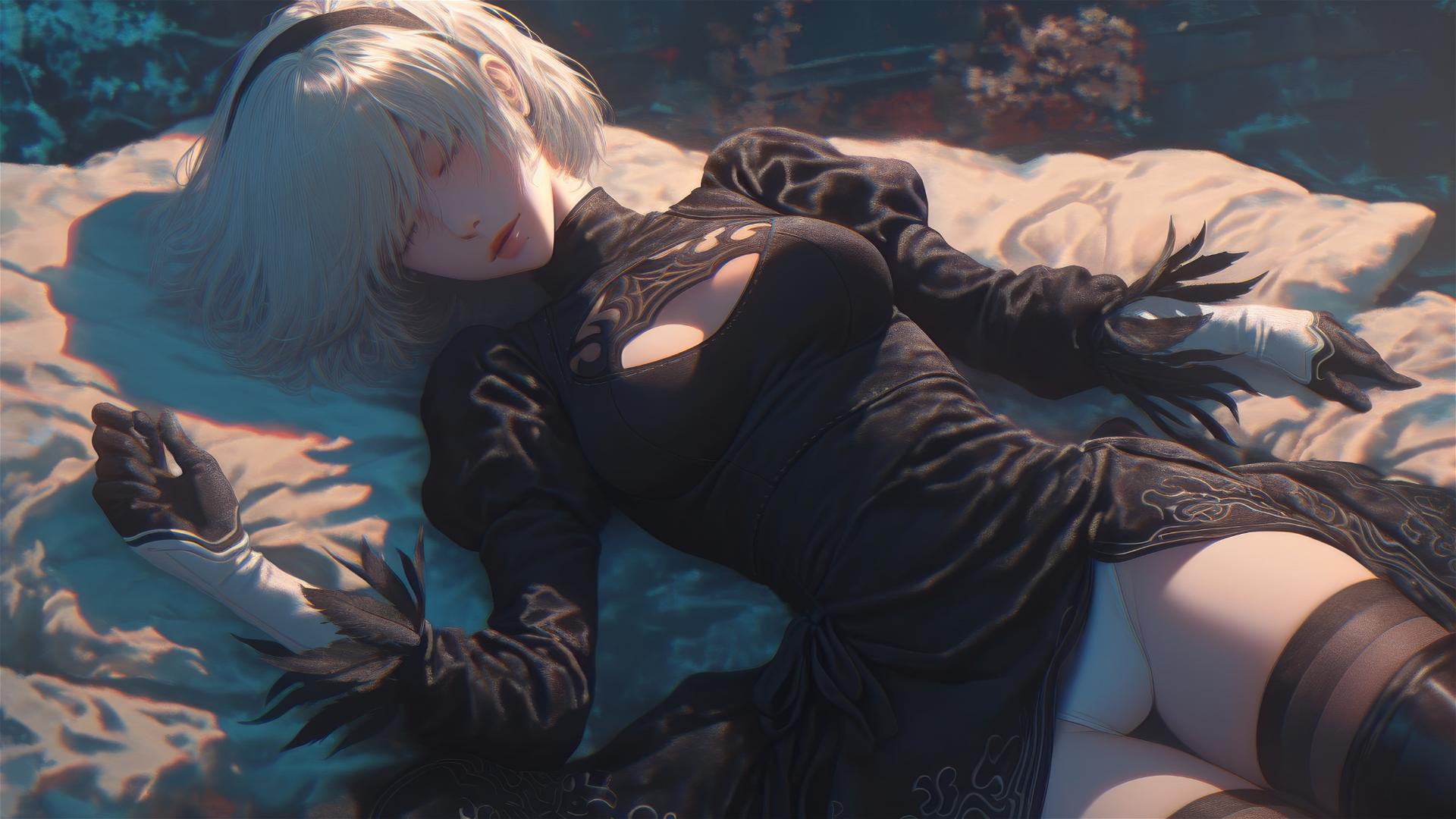 High angle view of 2B from Nier in bed with relaxed posture and short hair.