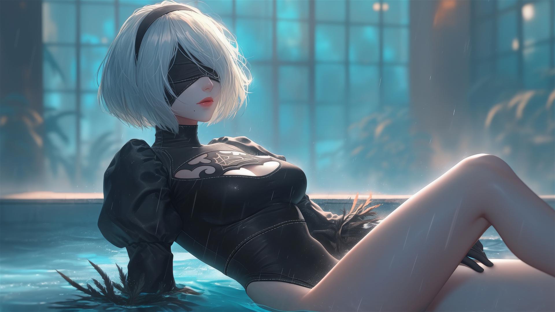 2B from Nier lounging at a rainy swimming pool with moonlight glow, short hair