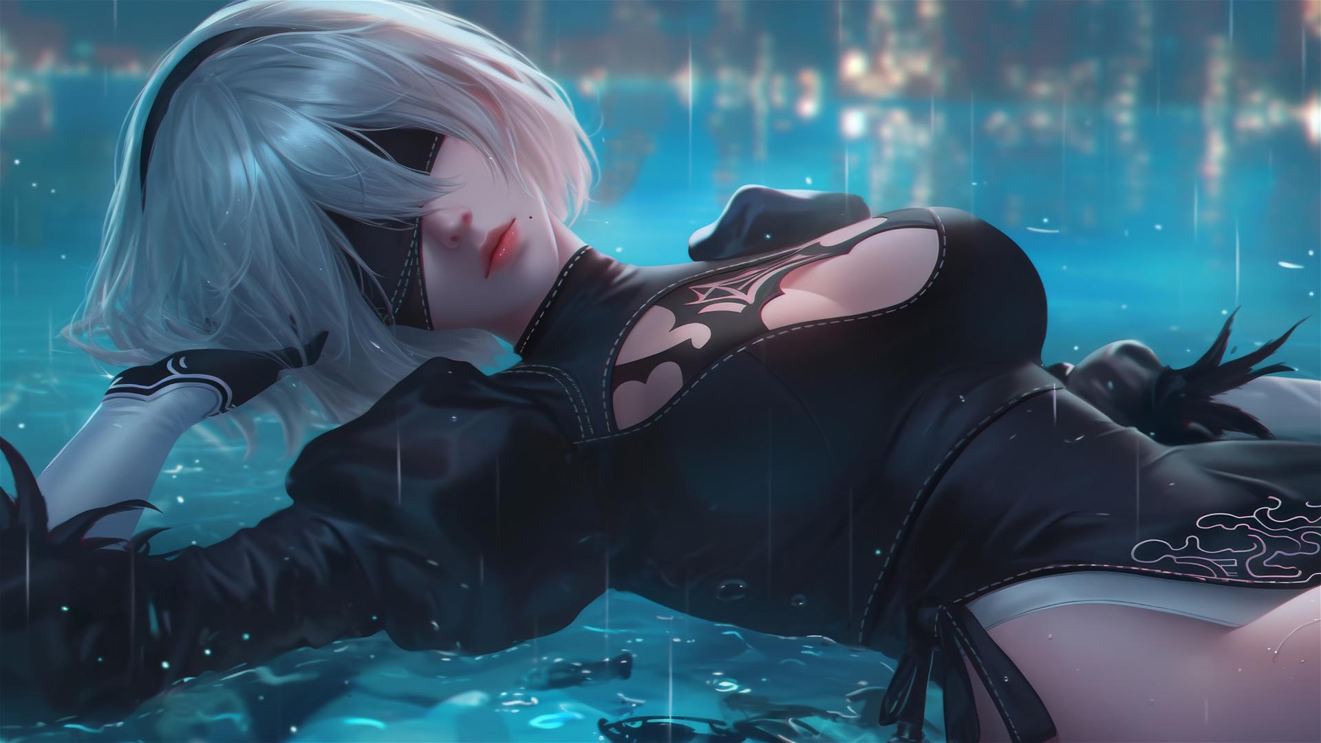 2B from Nier resting at rainy swimming pool with moonlight glow