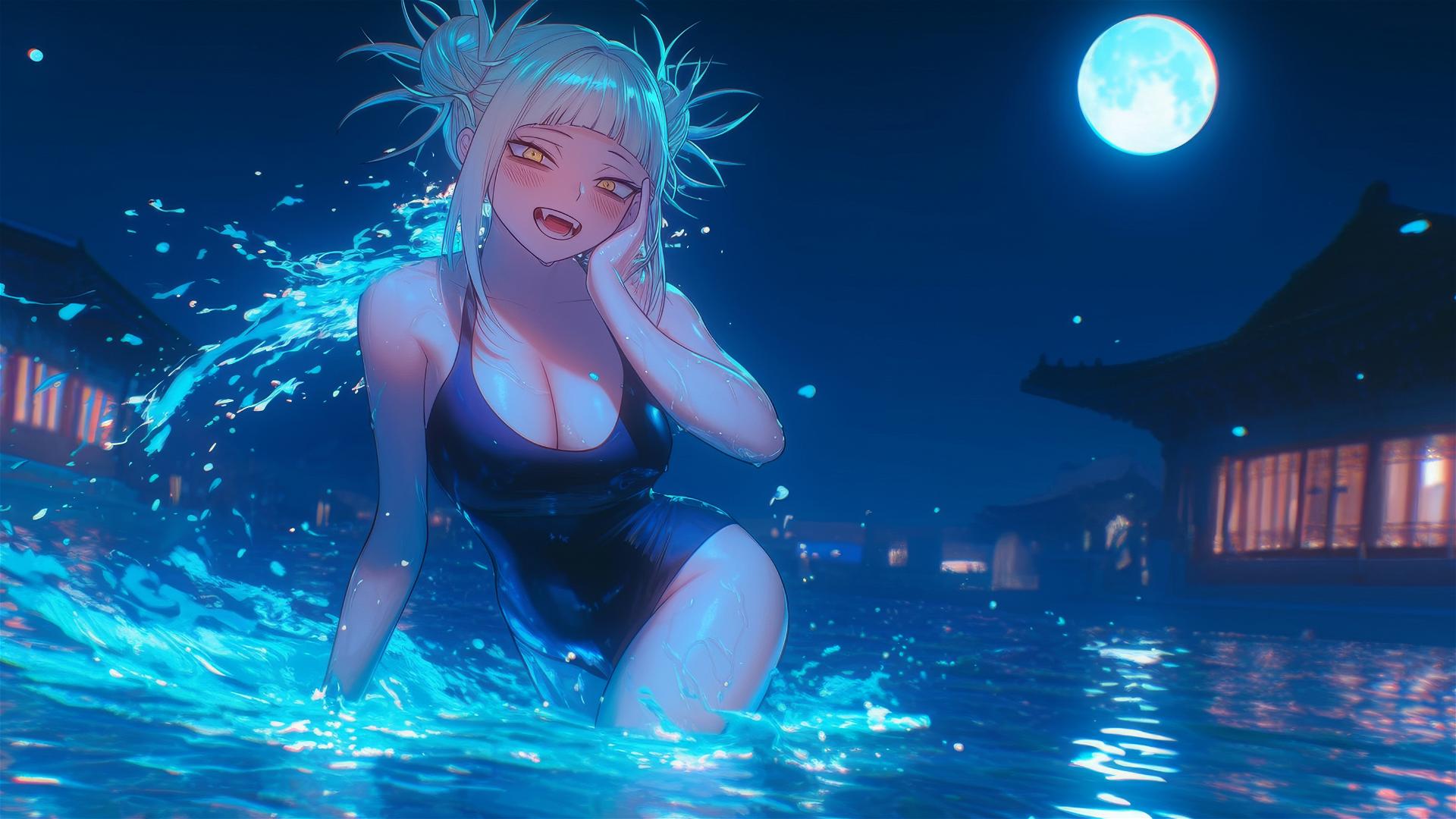 Himiko Toga jumping from a pool under moonlight, showcasing her unique appearance