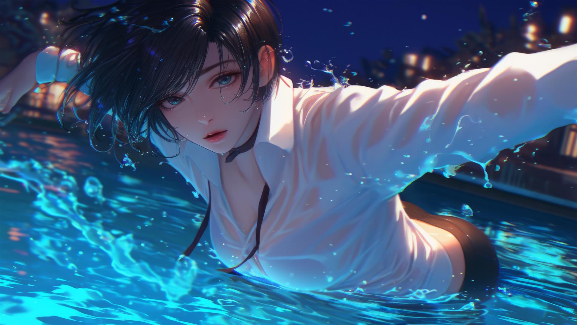 Mikasa Ackerman in white shirt jumping from rainy pool, moonlit