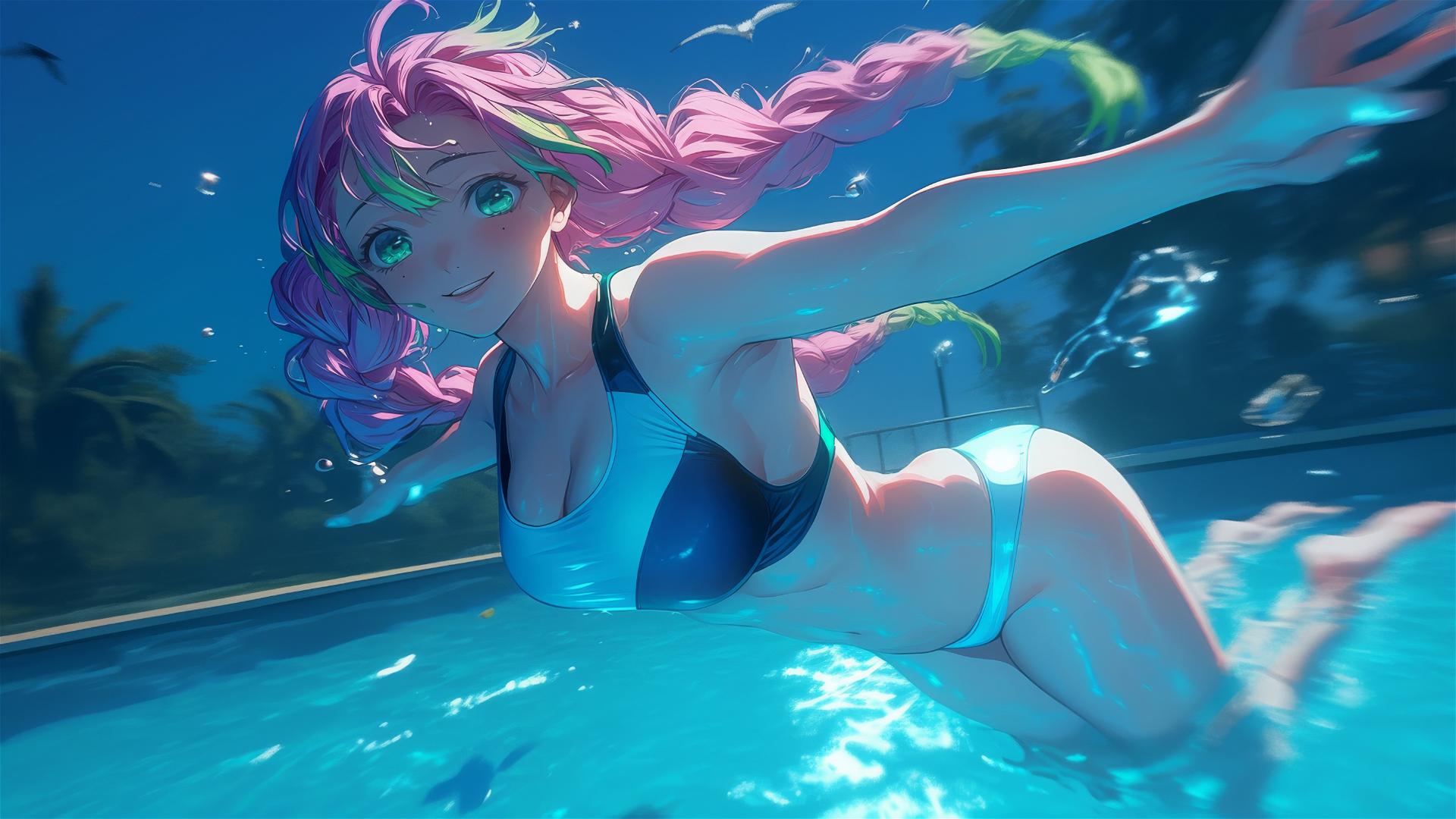 Mitsuri Kanroji from Demon Slayer jumping out of a swimming pool under moonlight