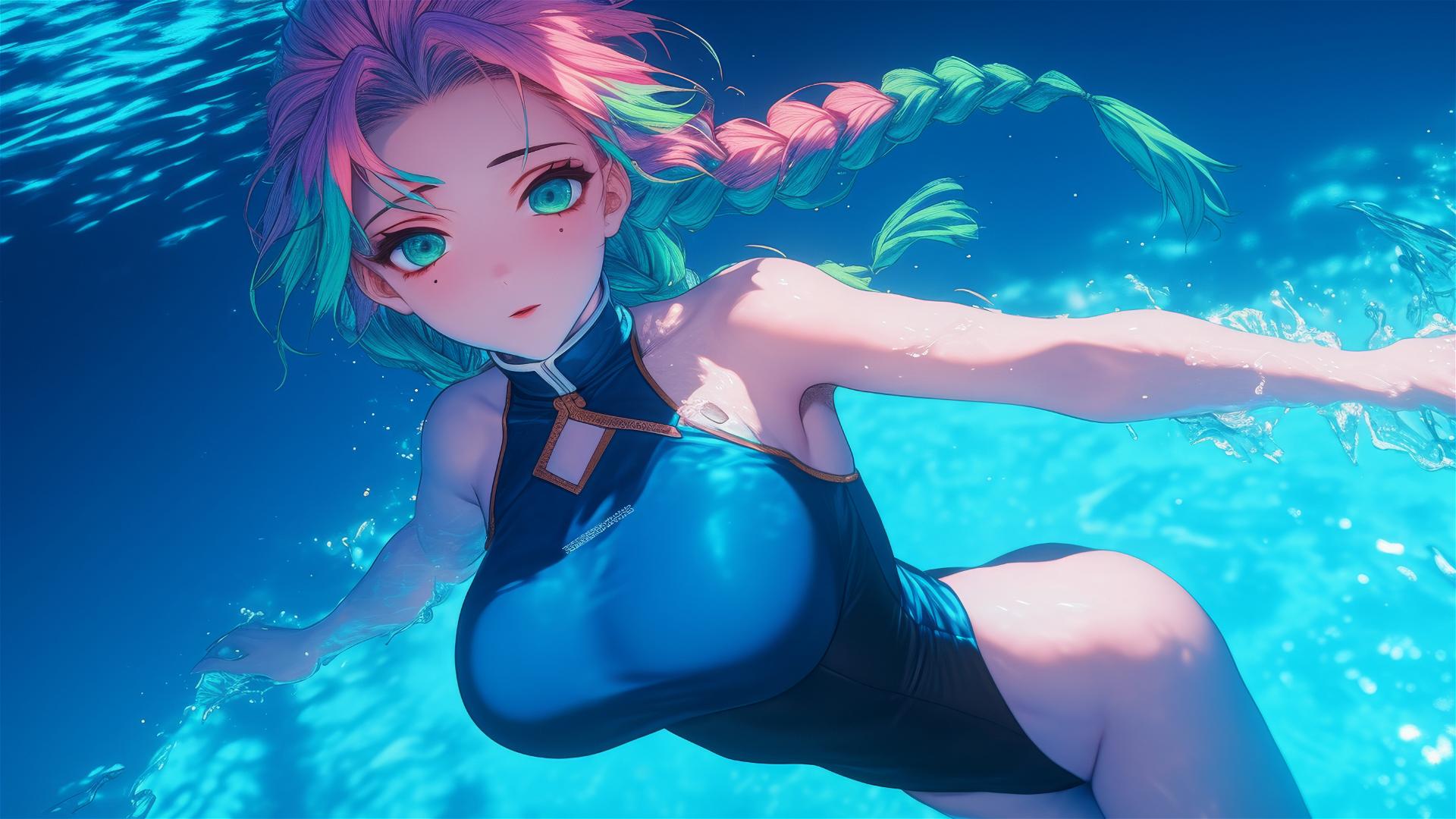 Mitsuri Kanroji jumping out of a pool under moonlight with light pink to lime green hair