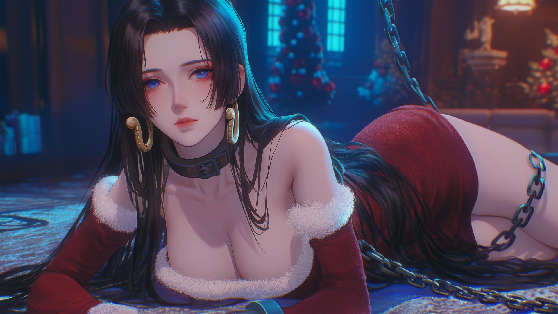 Boa Hancock in Christmas costume, chained in a neon-lit modern hotel room.