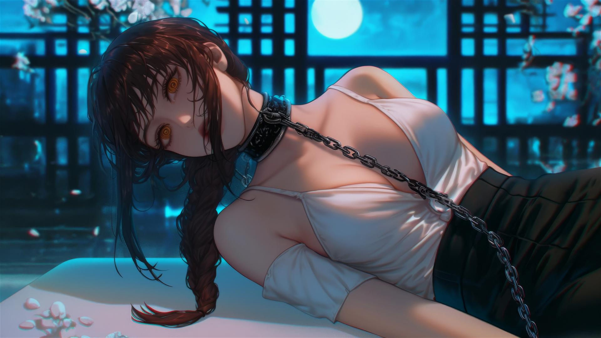Makima from Chainsaw Man in chains, resting in a moonlit hotel room