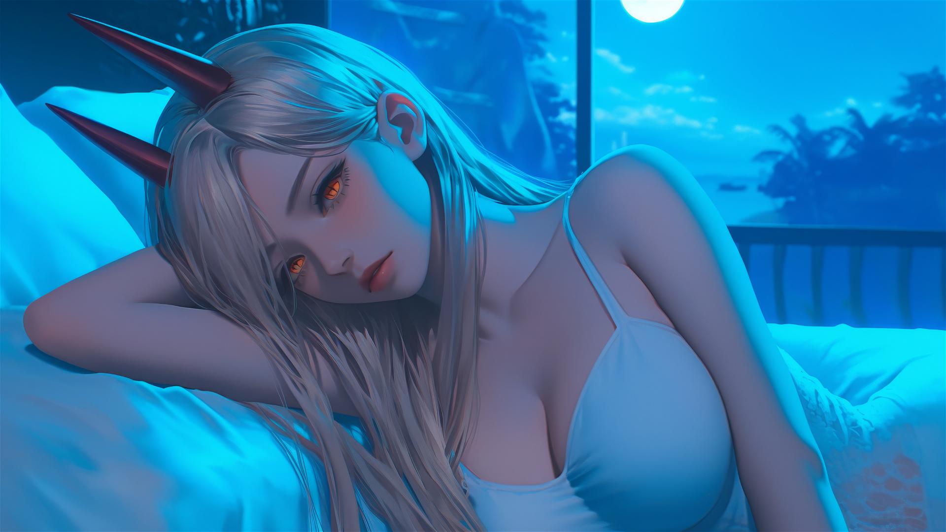 Power from Chainsaw Man resting in a modern hotel room, with blonde hair, red horns, and yellow eyes.