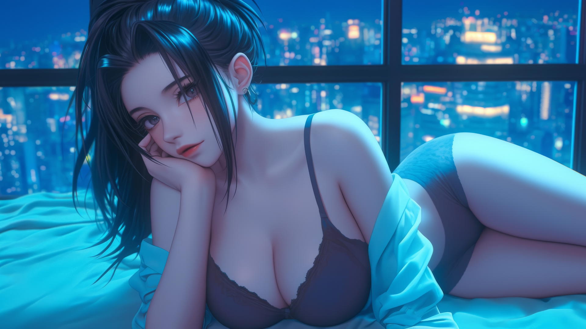 Momo Yaoyorozu from My Hero Academia in a modern hotel room with neon lighting.