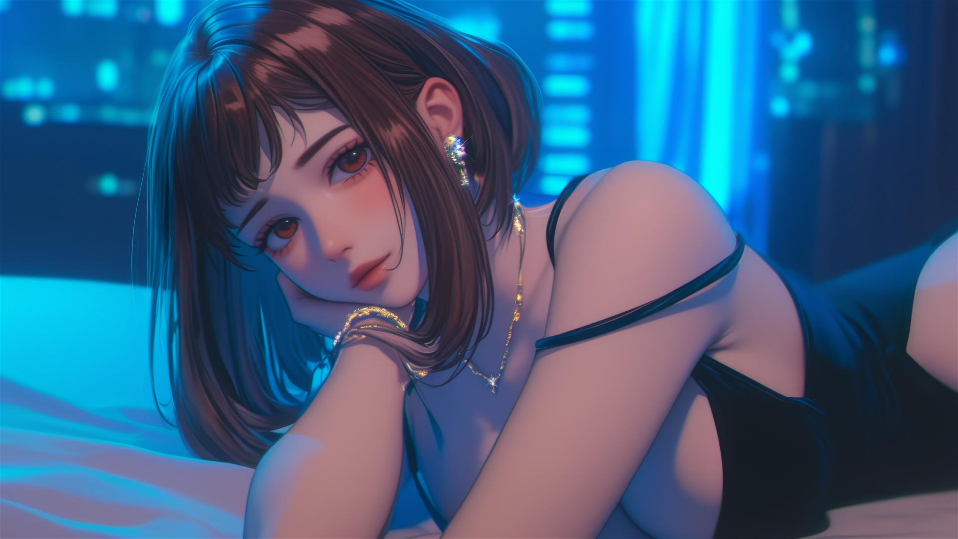 Ochaco Uraraka in a modern hotel room with neon light, auburn hair, pink blush, and soft glow