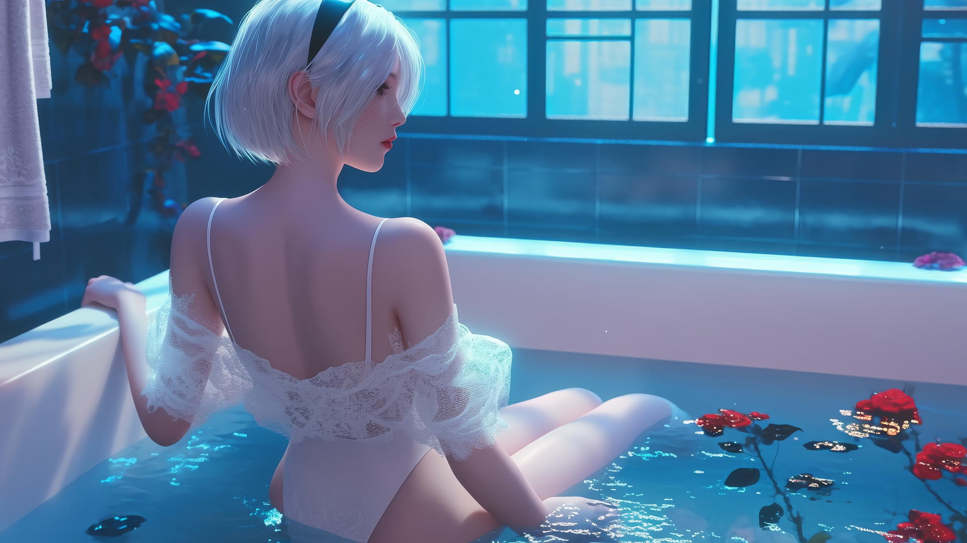 2B from Nier looking at a tub in a modern apartment