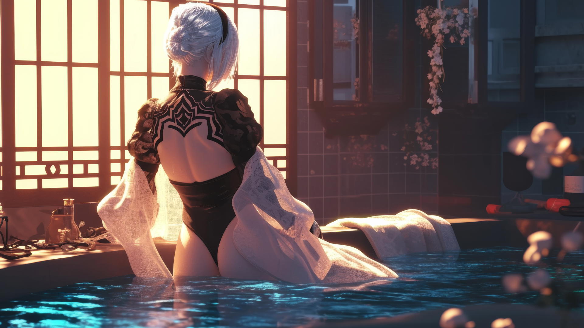 2B from Nier viewed from behind in a white outfit, in a modern apartment bathroom with warm lighting.