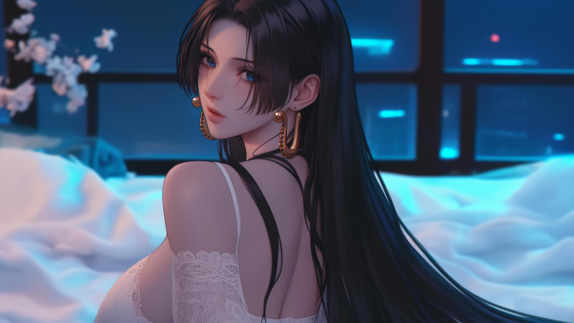Boa Hancock from One Piece, in white, at a modern hotel, neon glow