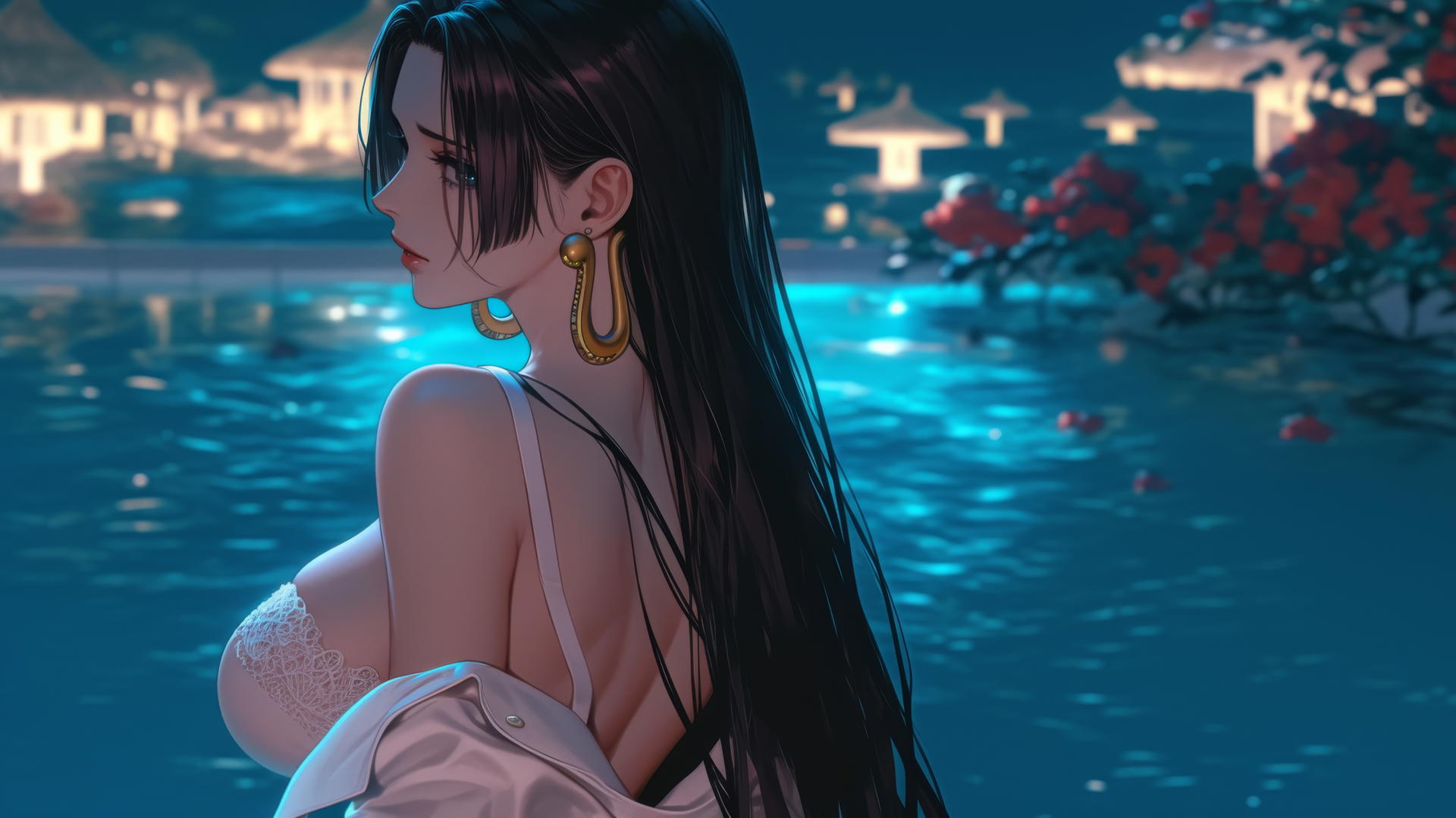 Boa Hancock from One Piece, beautiful in white, modern hotel room, neon light