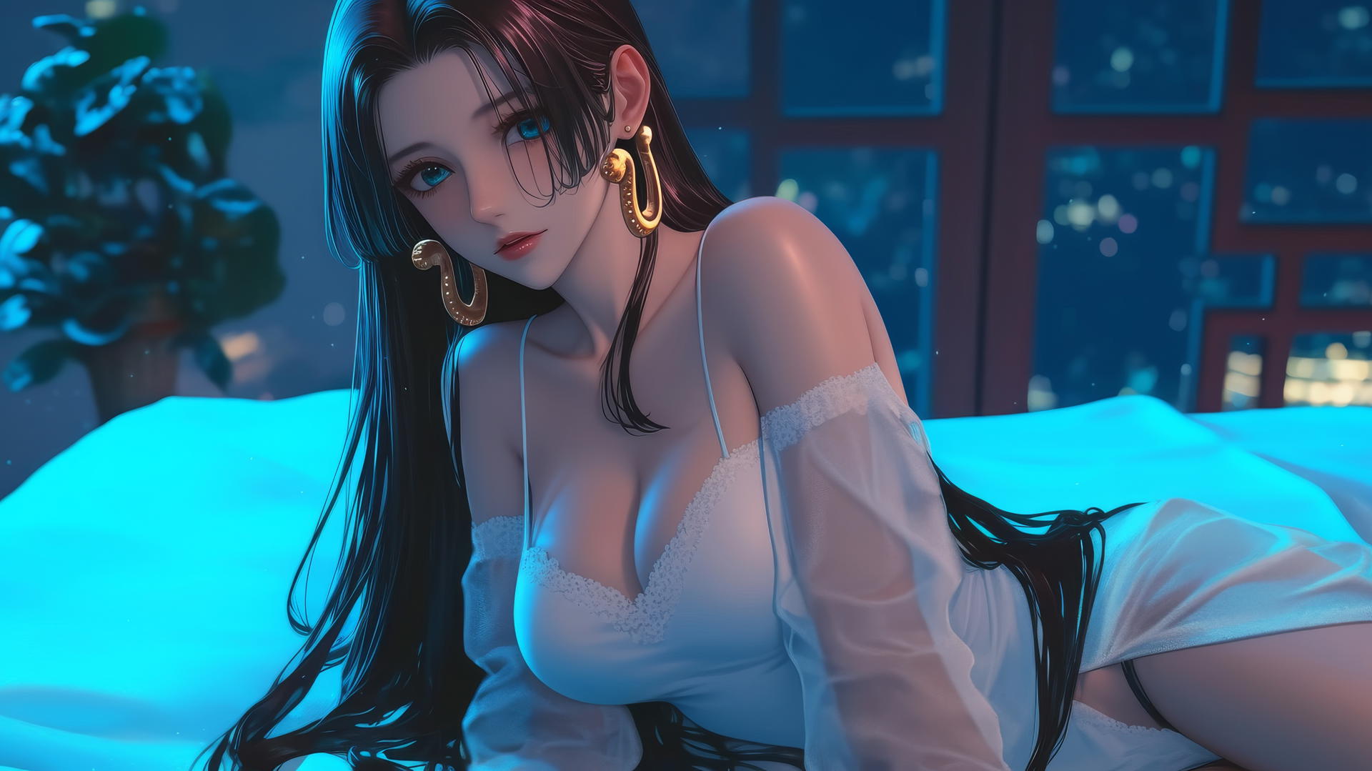 Boa Hancock from One Piece in white, in a modern hotel room with neon light