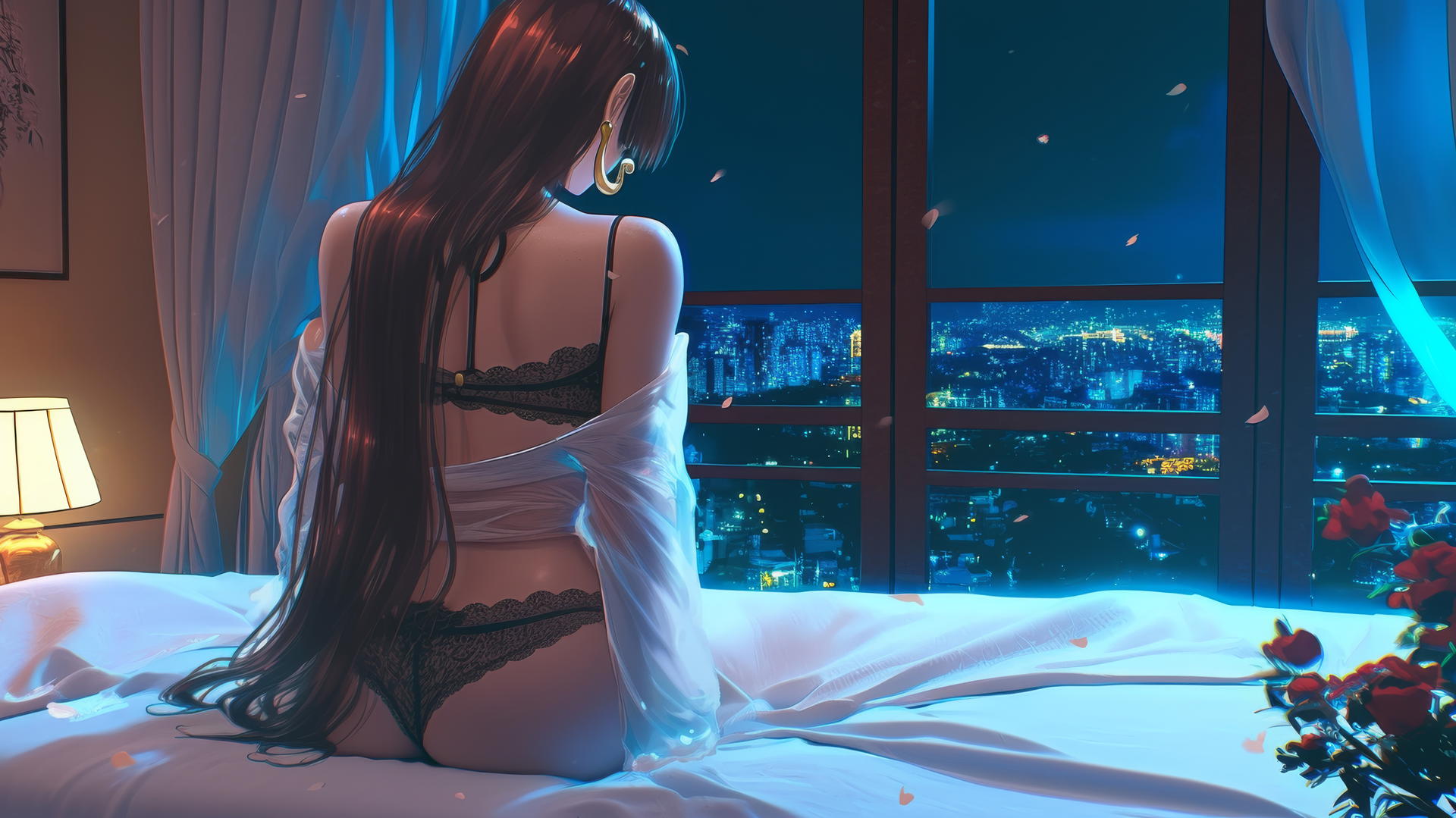 Boa Hancock from One Piece seen from behind in a modern hotel room with neon light.