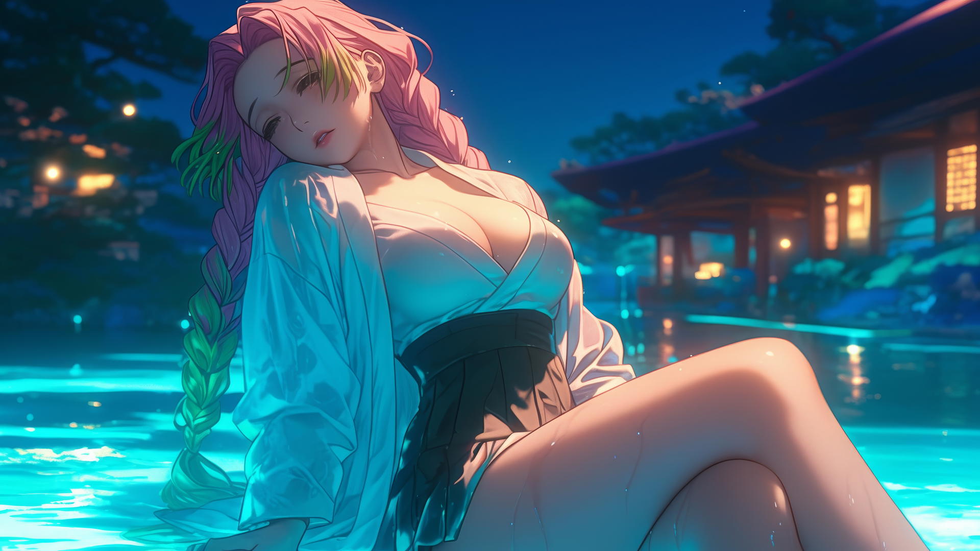 Mitsuri Kanroji from Demon Slayer by a rainy swimming pool in moonlight.