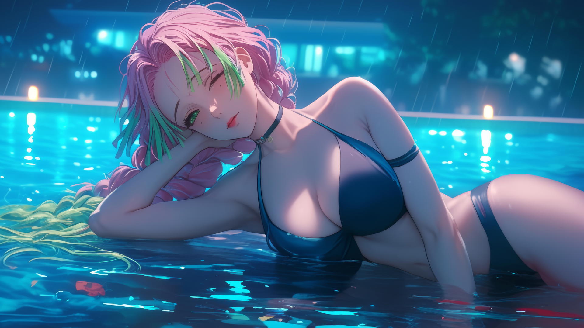 Mitsuri Kanroji from Demon Slayer resting by a rainy swimming pool under moonlight.