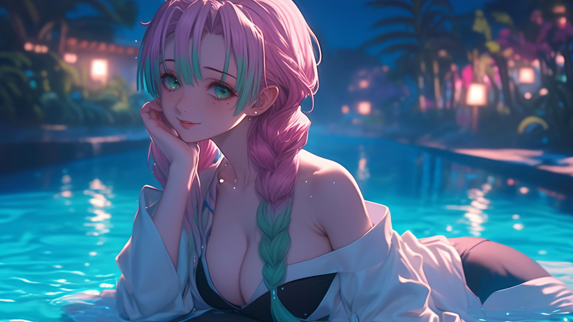 Mitsuri Kanroji from Demon Slayer resting by a rainy swimming pool under moonlight