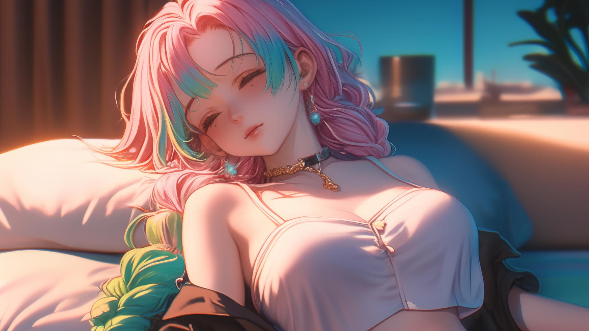 Mitsuri Kanroji from Demon Slayer resting in a modern hotel room under moonlight.