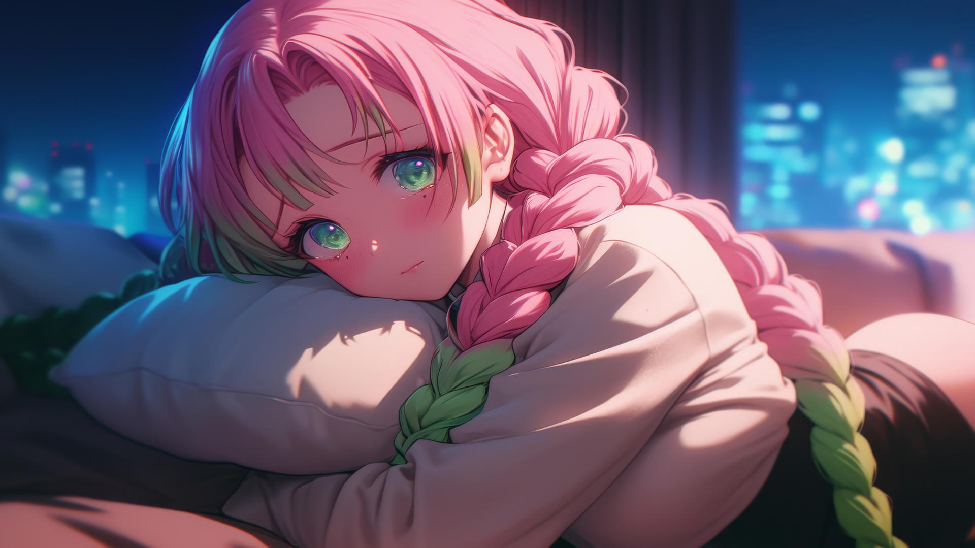 Mitsuri Kanroji from Demon Slayer resting in a modern hotel room, lit by moonlight.