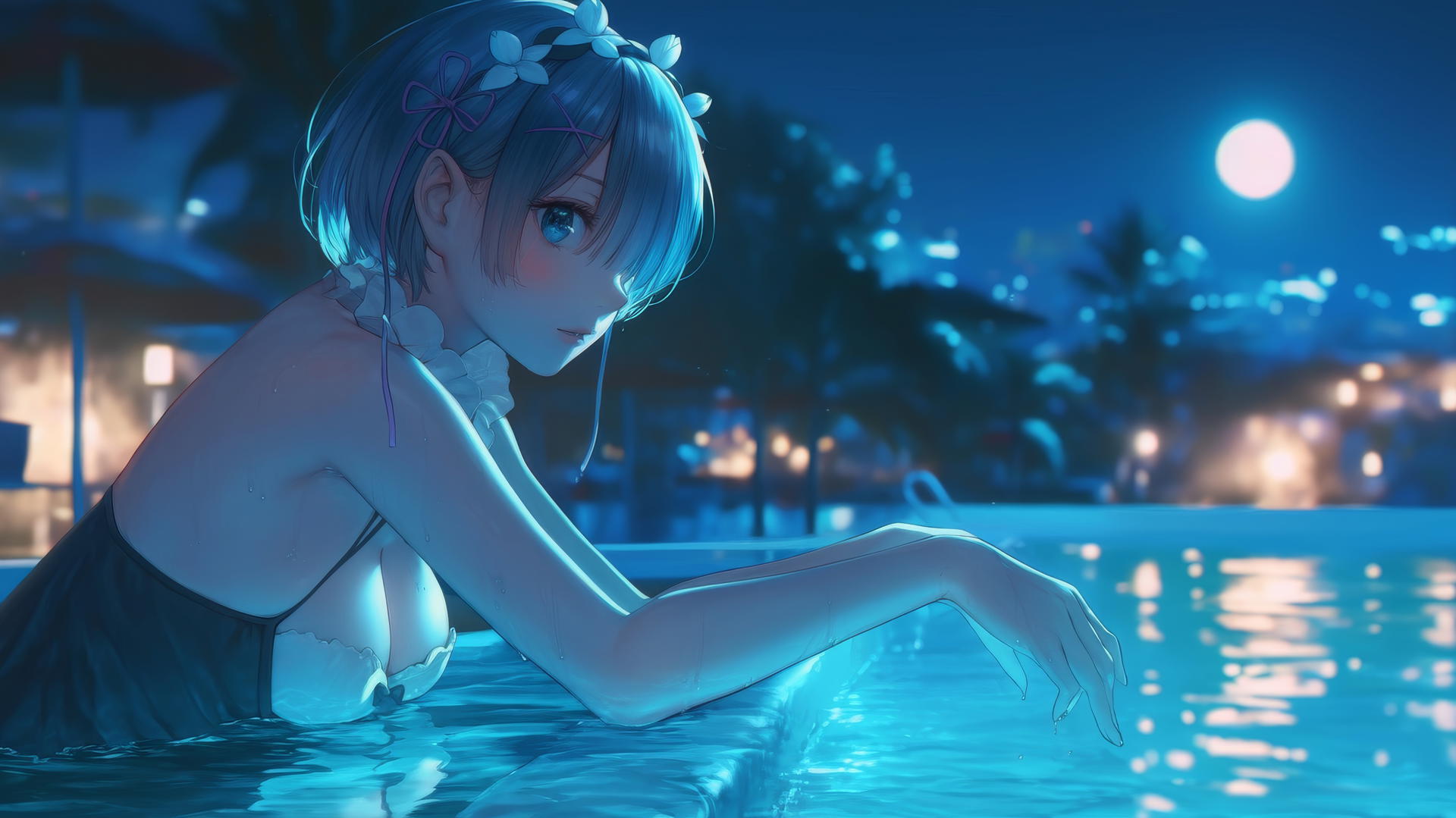 Rem from Re:Zero resting by a swimming pool under moonlight