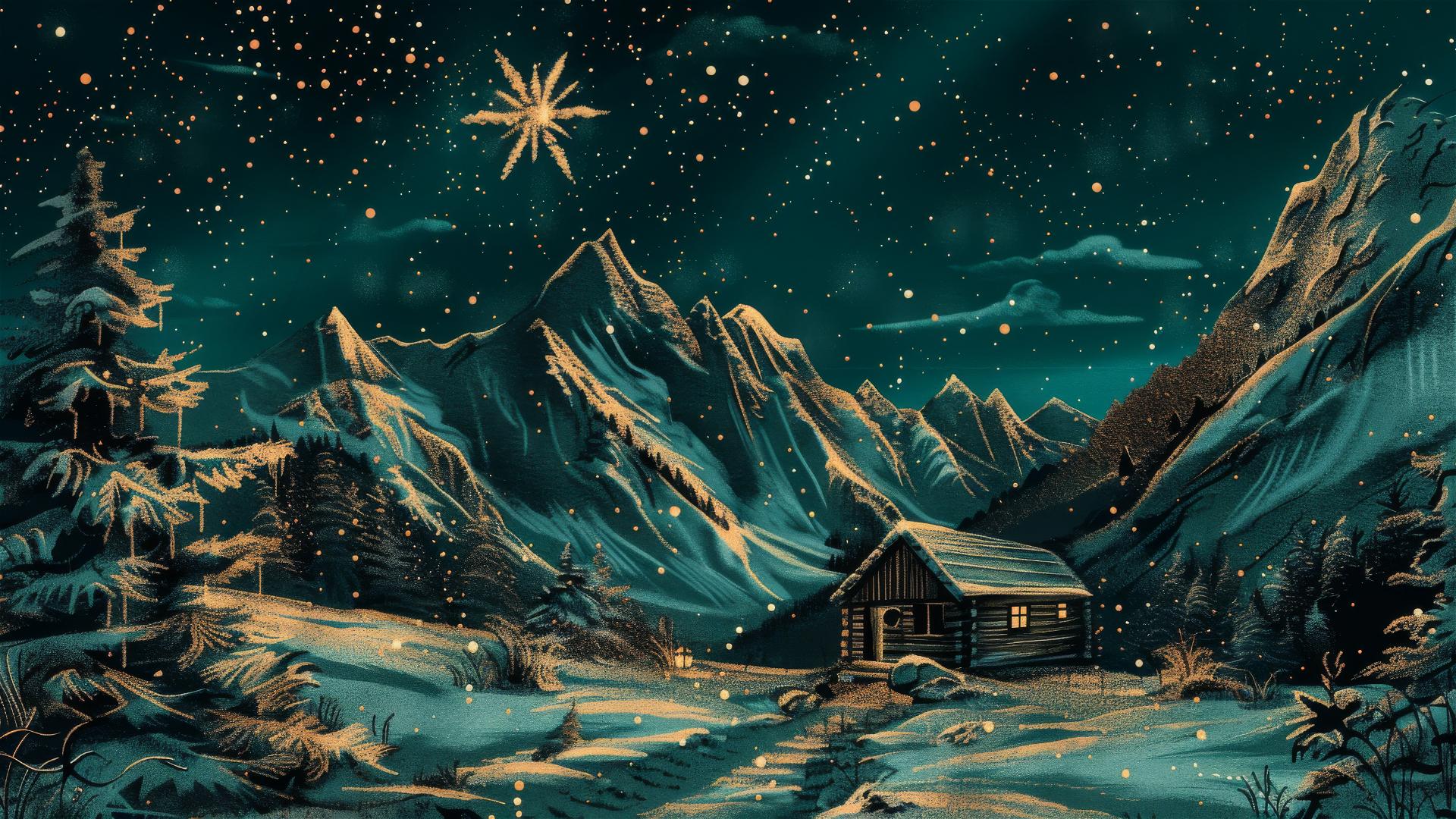 Christmas star and cabin near mountains with religious themes, chiaroscuro in dark cyan and light brown.