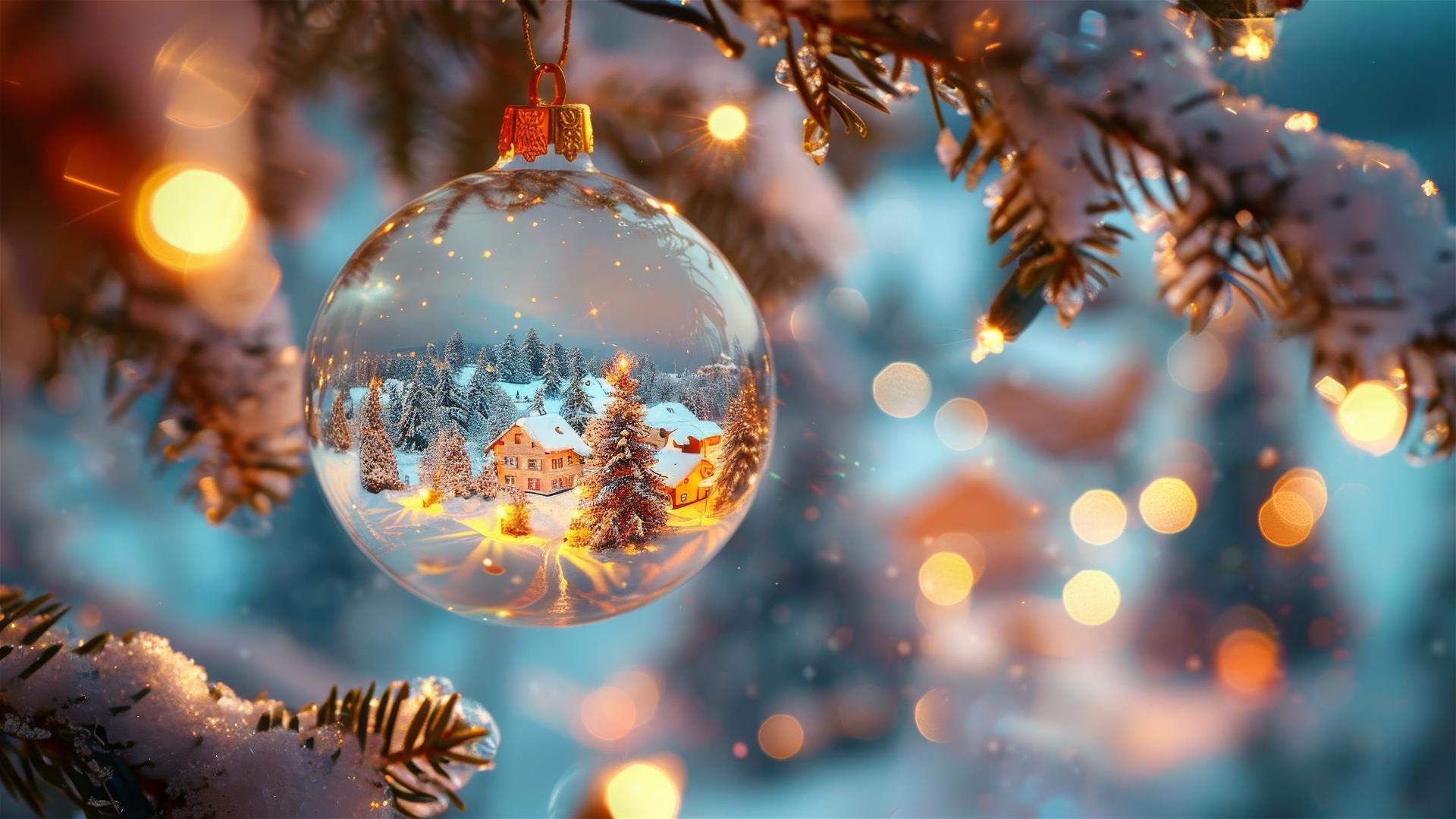 Glass Christmas balls with mini snowy villages inside on a festive tree