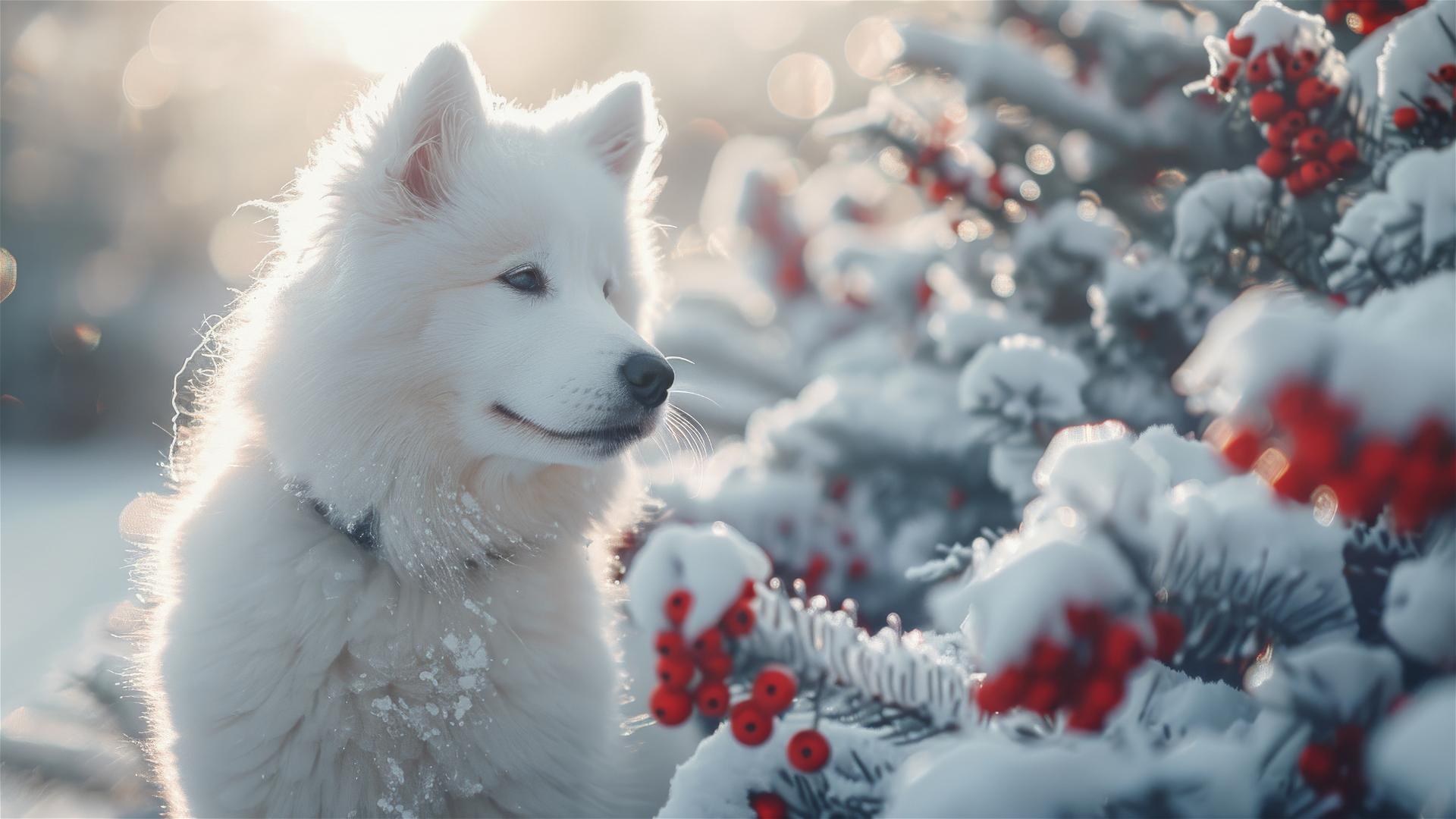 Realistic Samoyed celebrating New Year