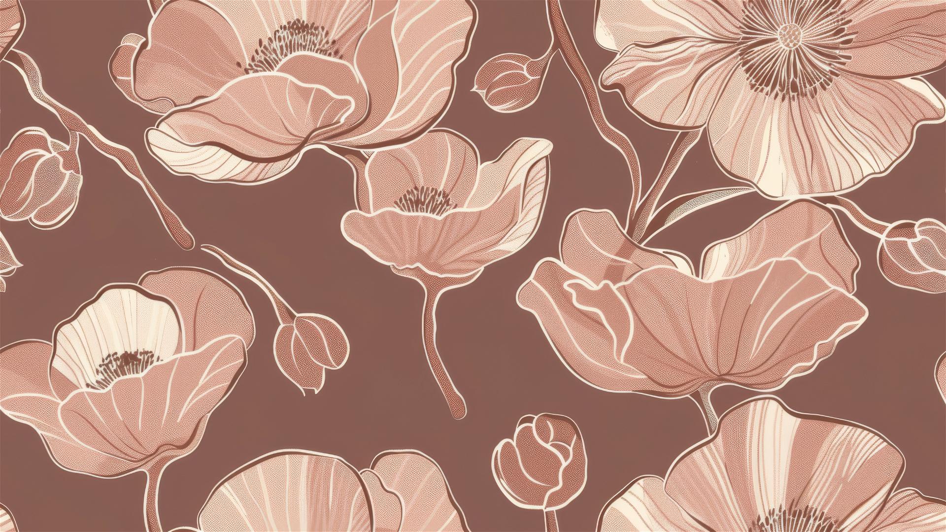 Large flowers in soft pink and beige with texture on brown.