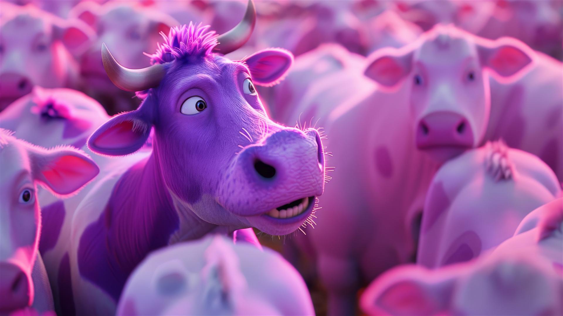 Colorful Disney Pixar style purple cow among plain cows