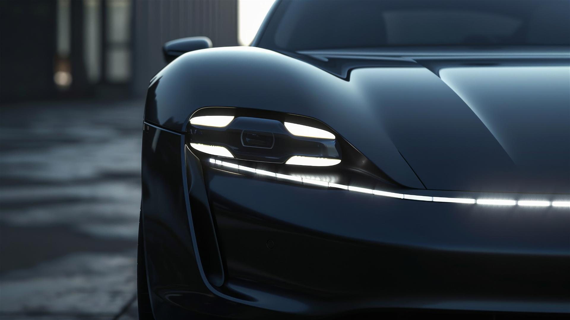 Close-up of electric coupe concept car's front headlights with LED strip on black satin body.
