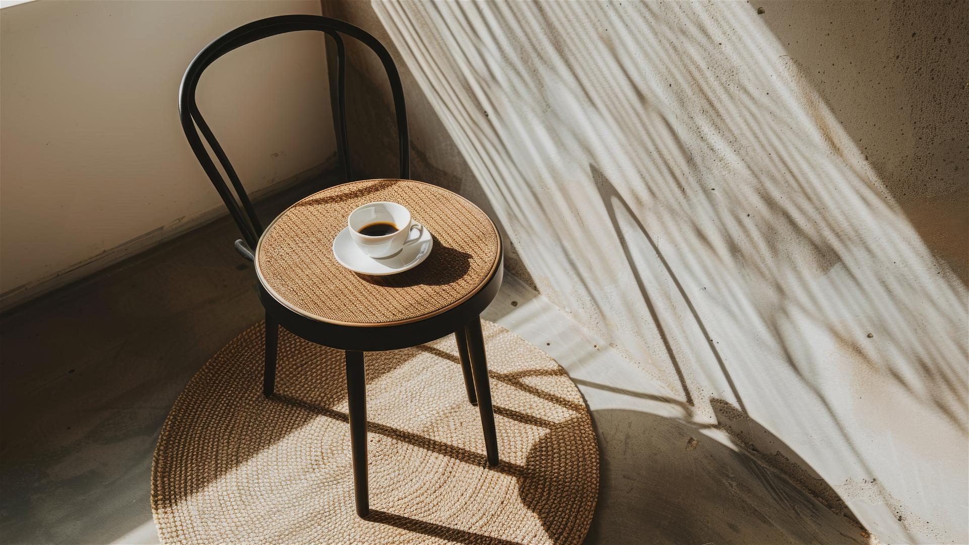 Minimalist coffee shop with a black chair, wood table, white coffee cup, beige carpet and wall with soft sunlight.