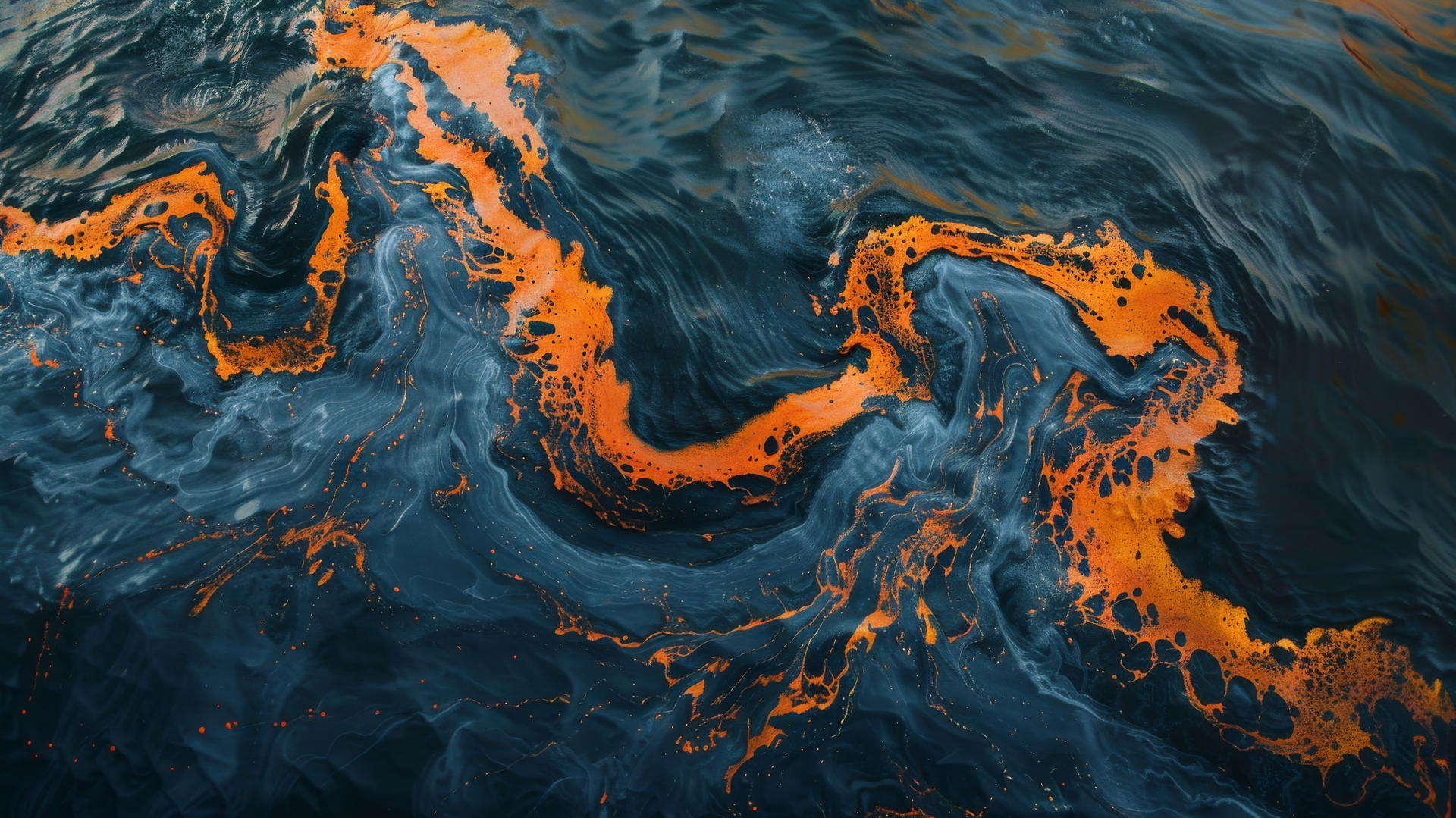 Aerial view of oil in water forming an S-shape with vibrant orange, black, and dark blue colors in anime style.