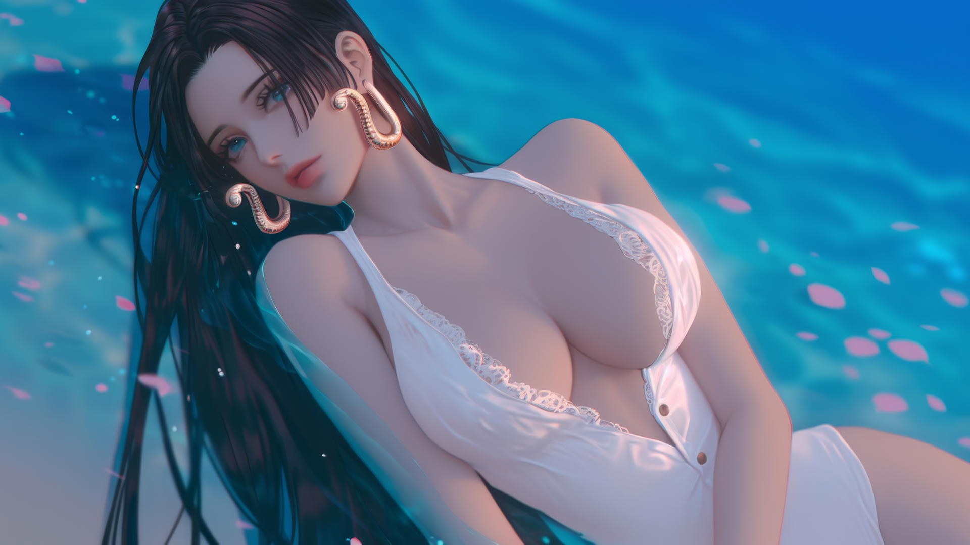 Boa Hancock from One Piece resting on a beach with warm light glow.