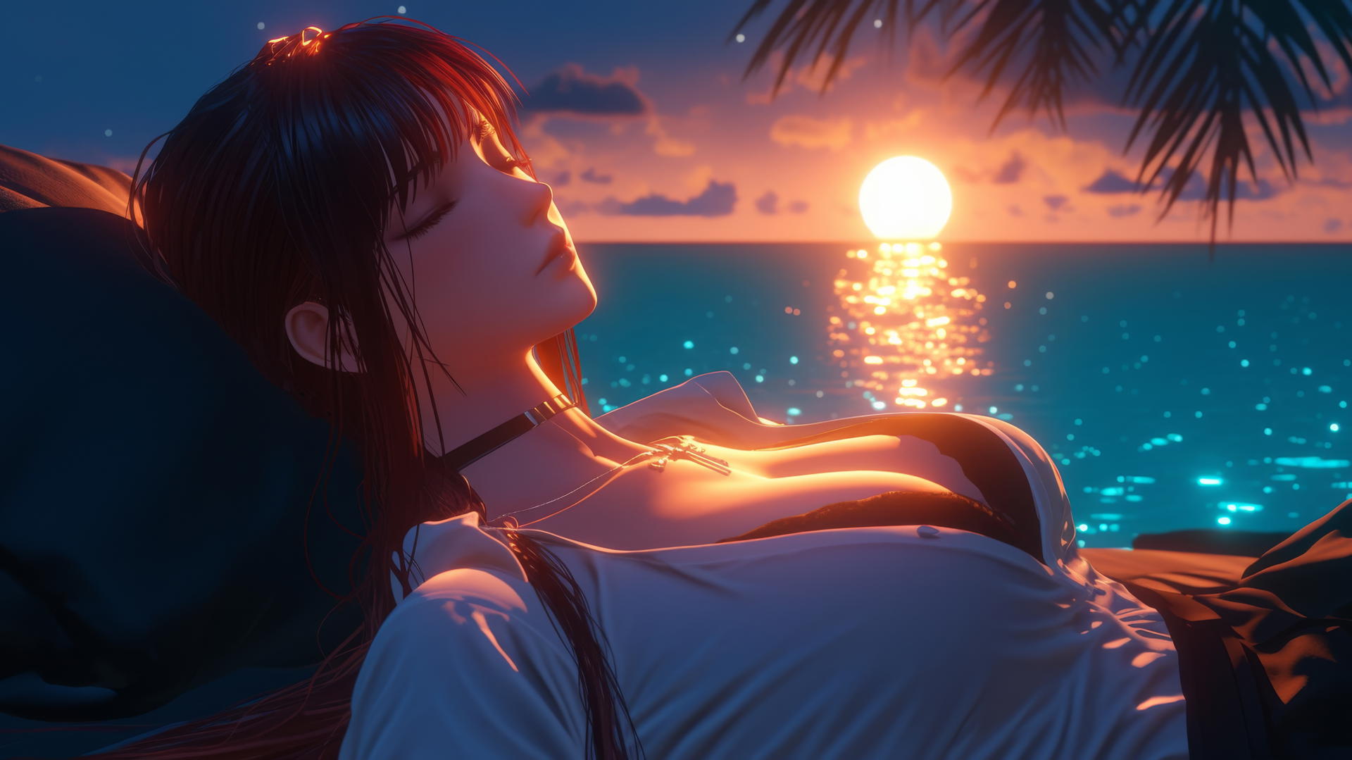 Makima from Chainsaw Man resting at sea during a neon pink sunset