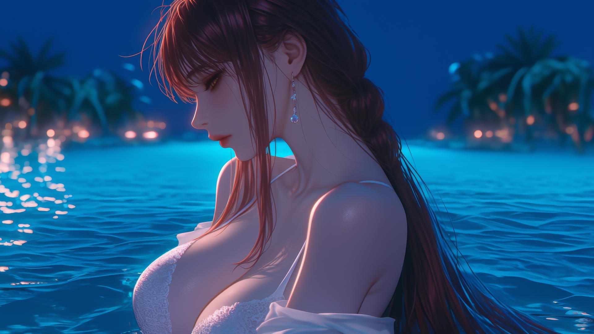 Makima from Chainsaw Man, seen from behind, resting at sea during a neon pink sunset.